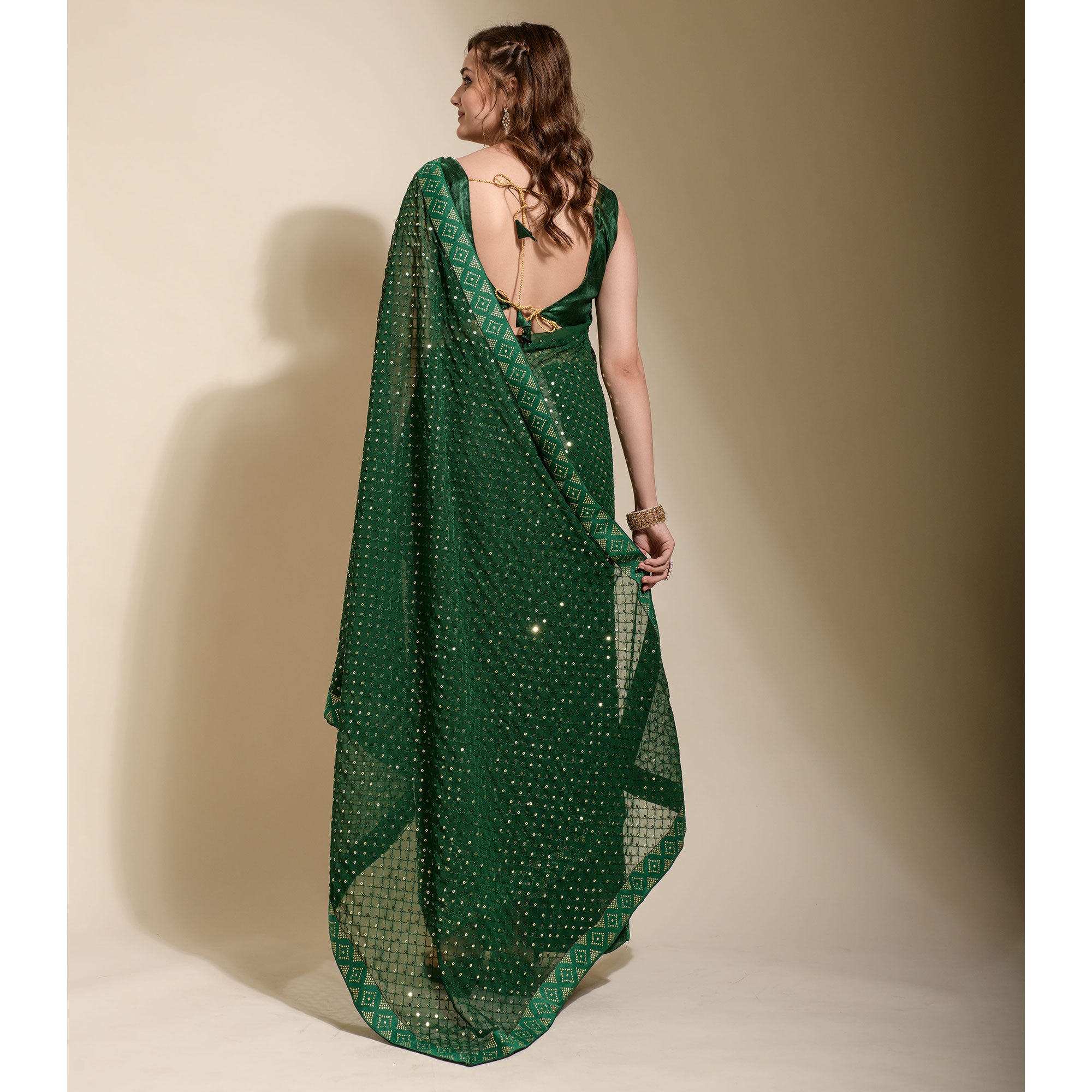 Green Sequins Embroidered Georgette Saree