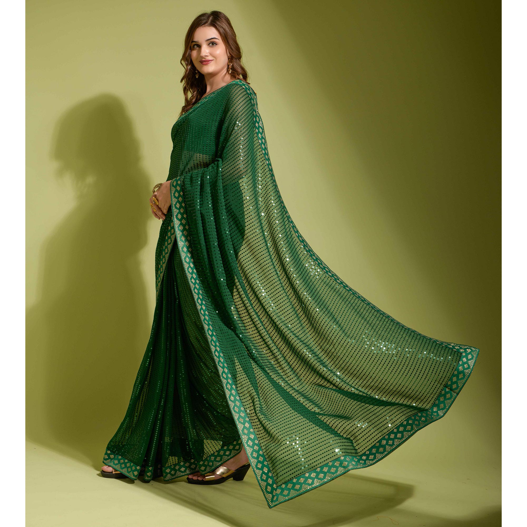Green Sequins Embroidered Georgette Saree