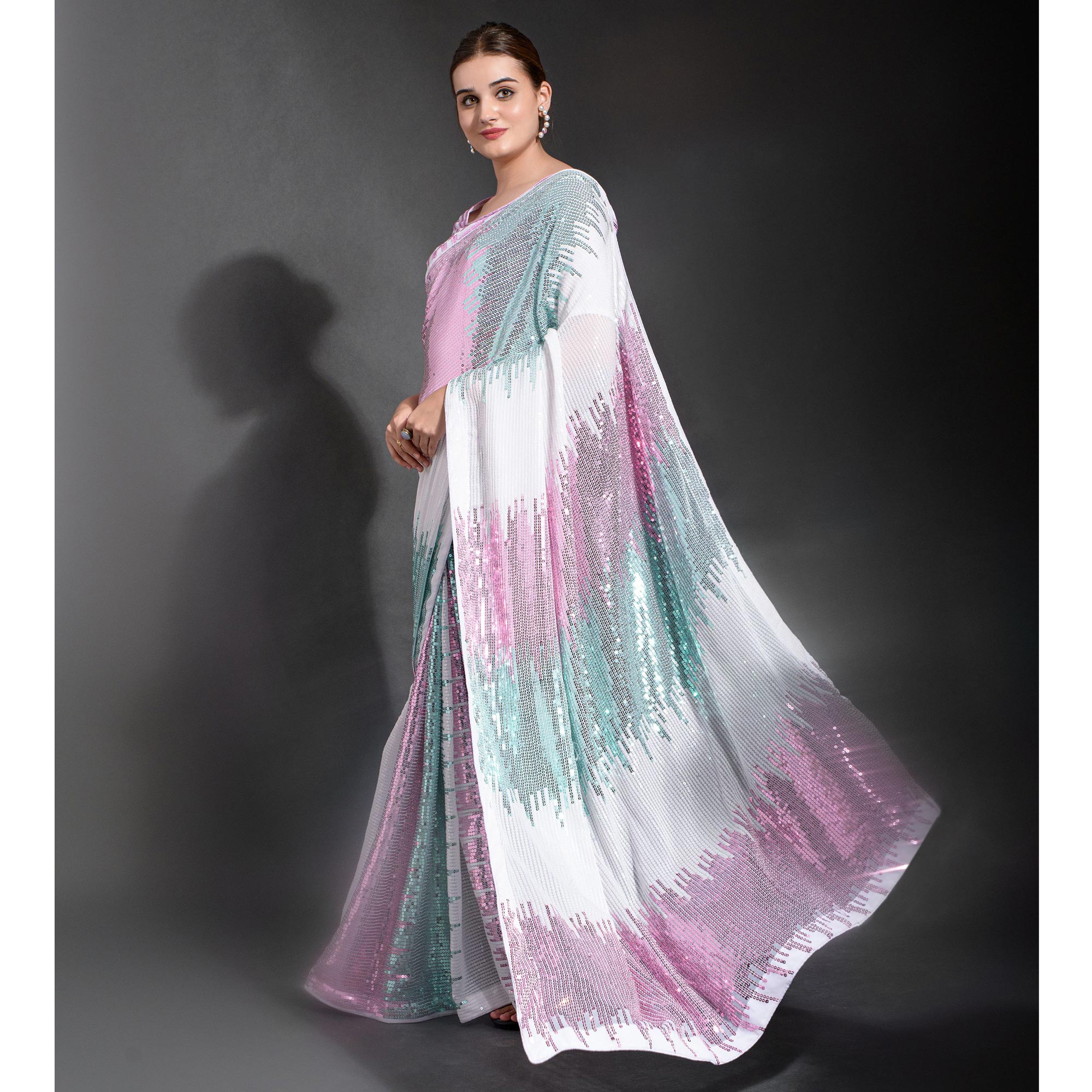 White & Pink Sequins Embroidered Georgette Saree
