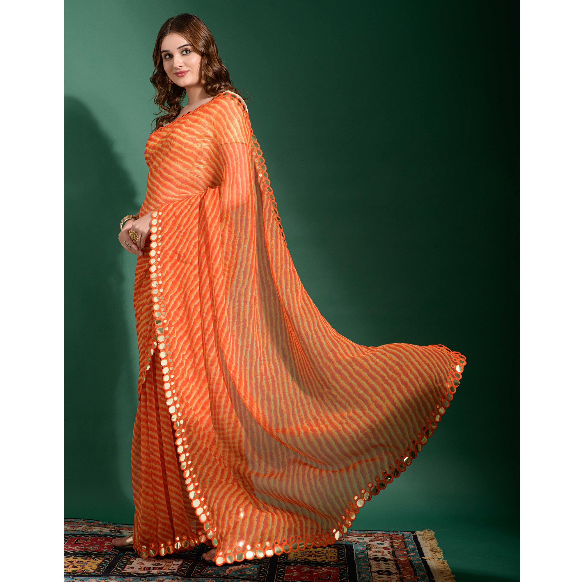 Orange Leheriya Printed With Embroidered Border Chiffon Saree