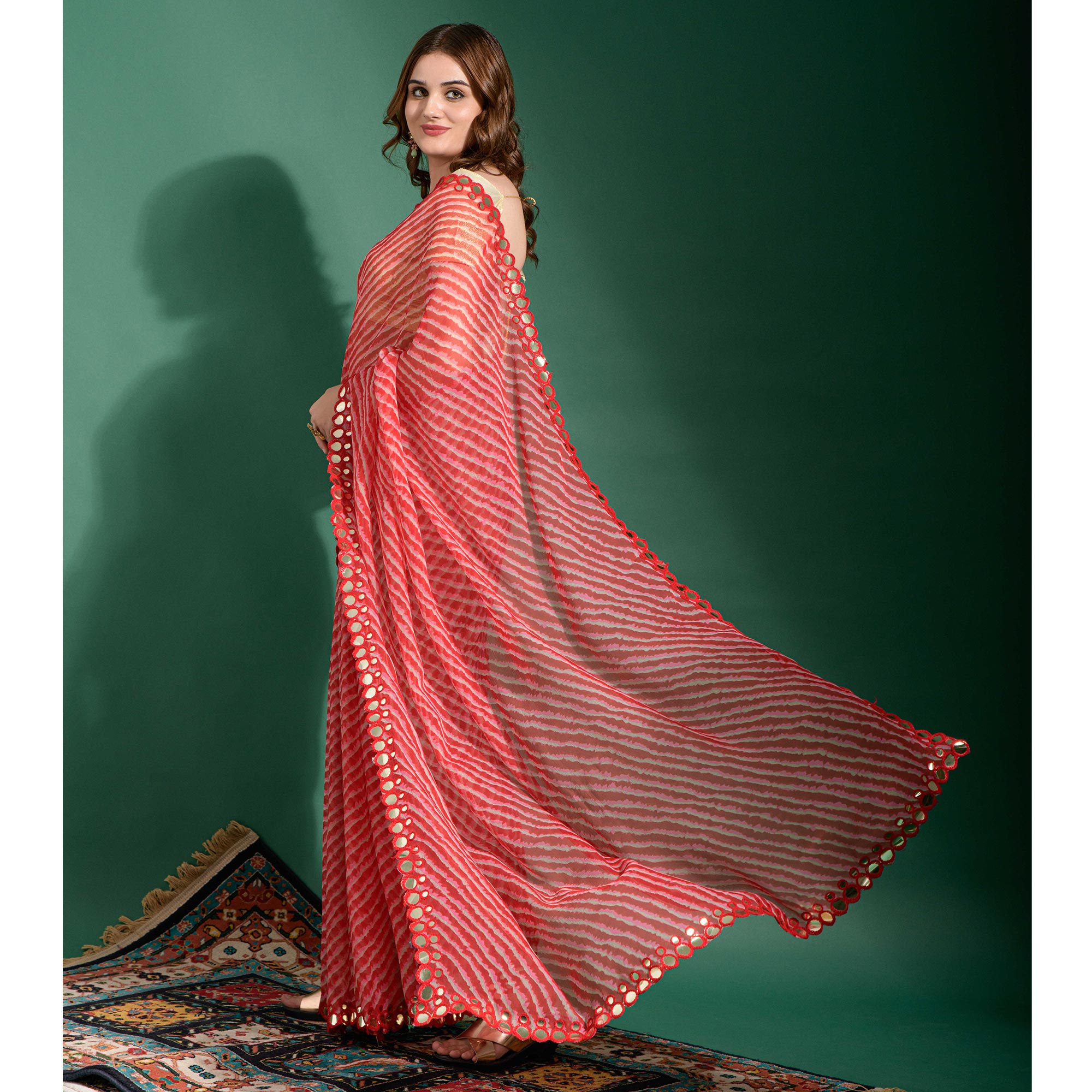 Red Leheriya Printed With Embroidered Border Chiffon Saree