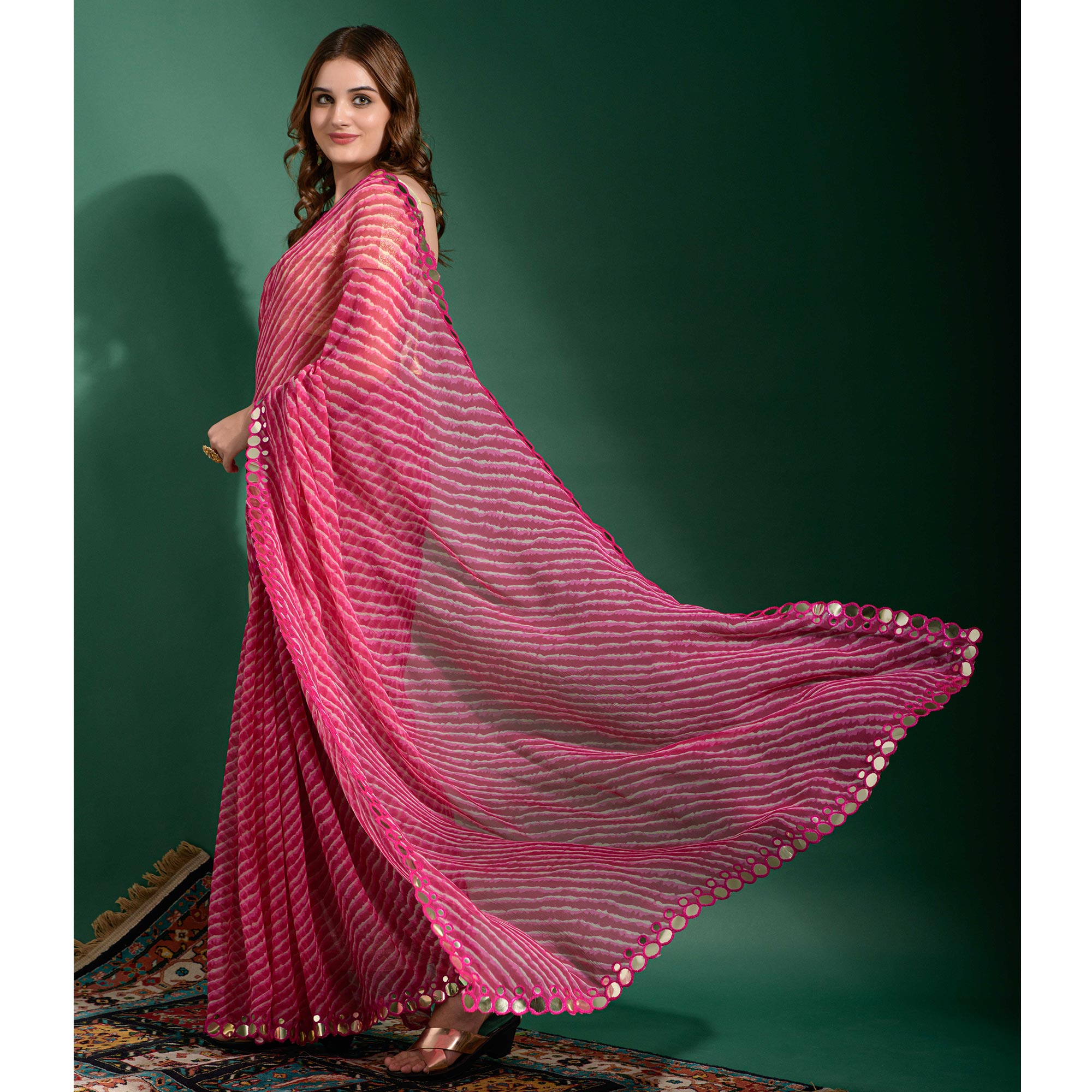Pink Leheriya Printed With Embroidered Border Chiffon Saree