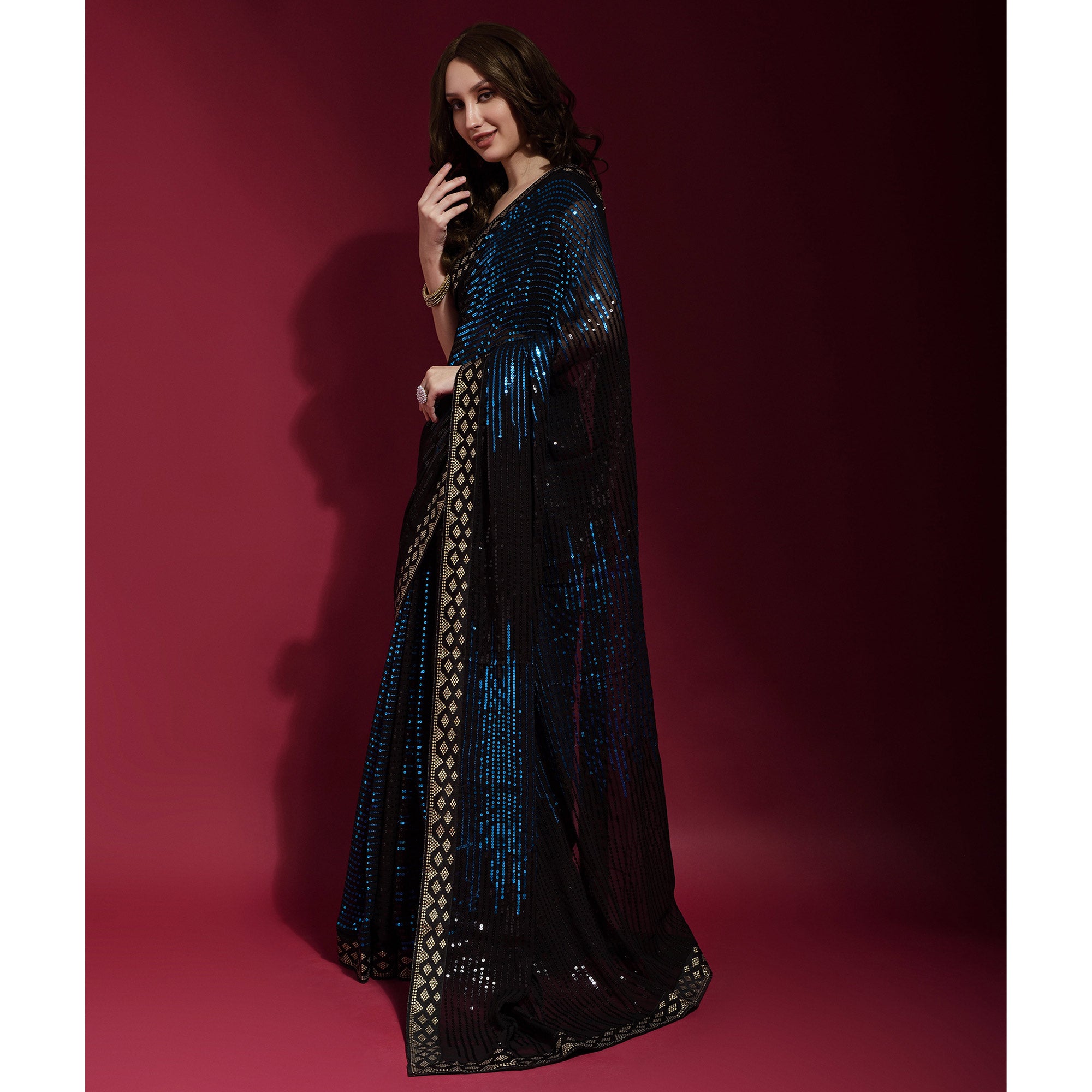 Black & Blue Sequins Embroidered Georgette Saree