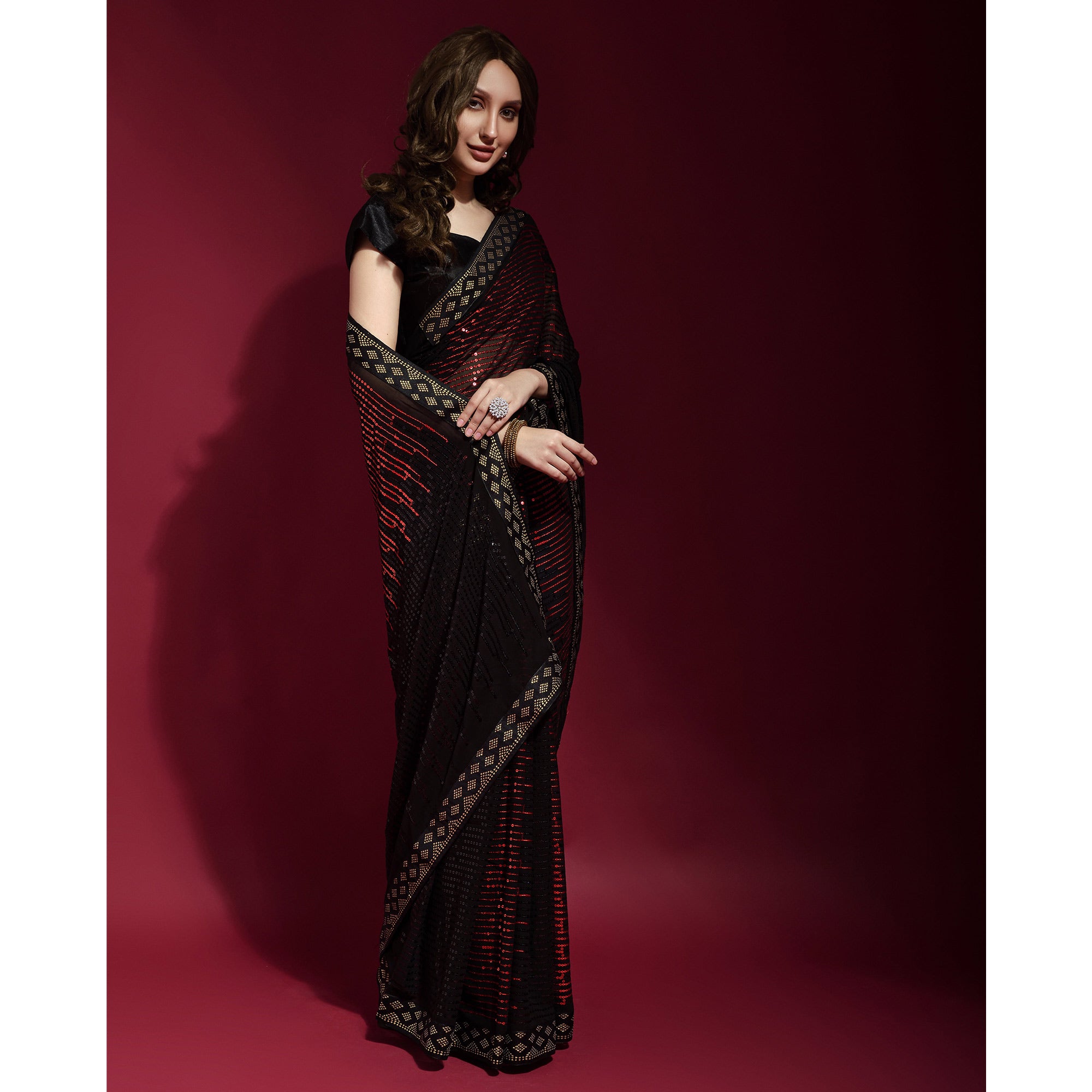 Black & Red Sequins Embroidered Georgette Saree