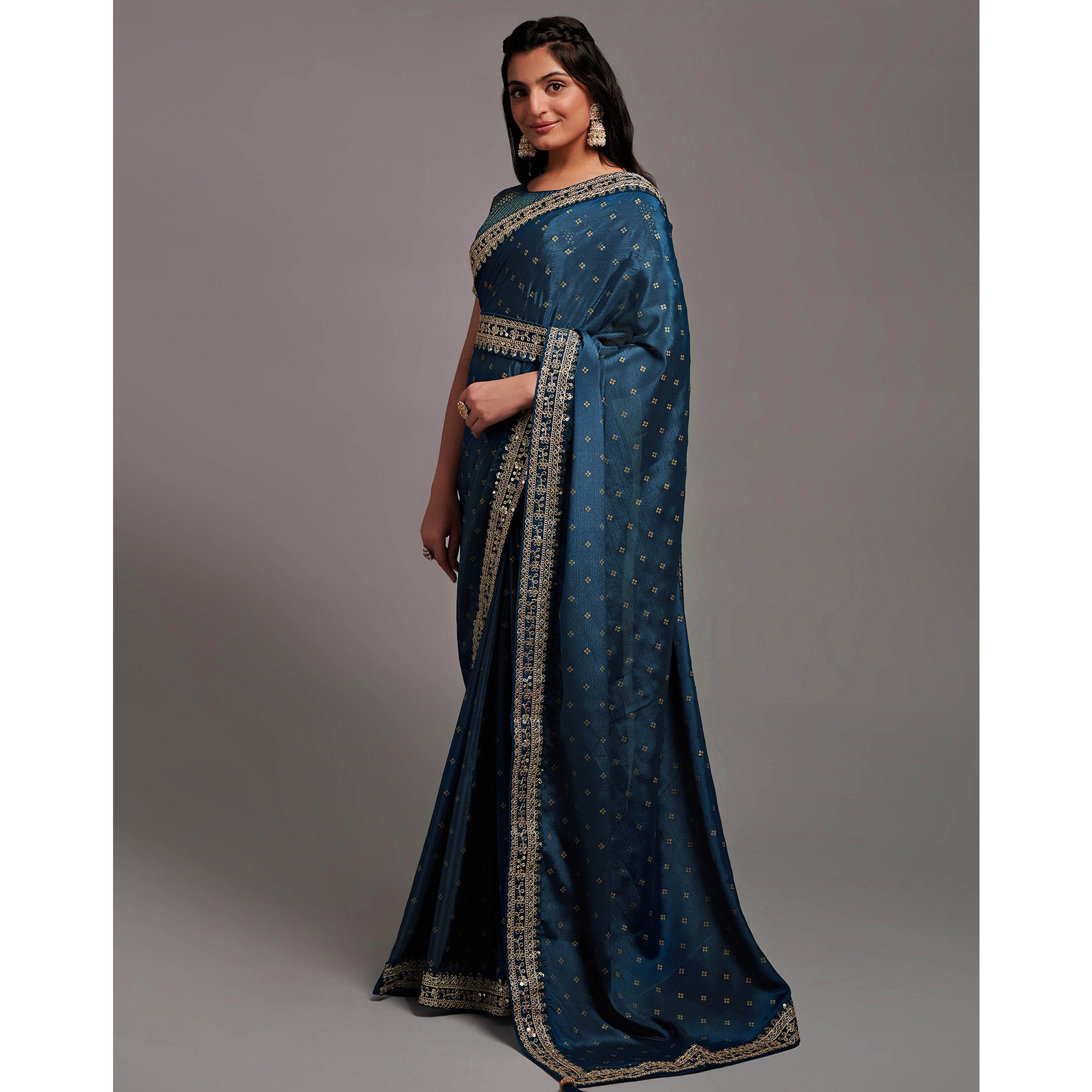Blue Sequins Embroidered Border Chinon Saree