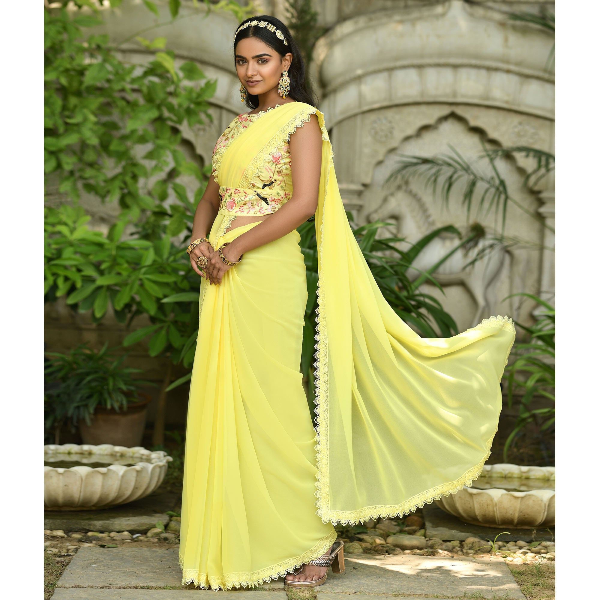 Yellow Solid Georgette Saree With Embroidered Blouse Piece