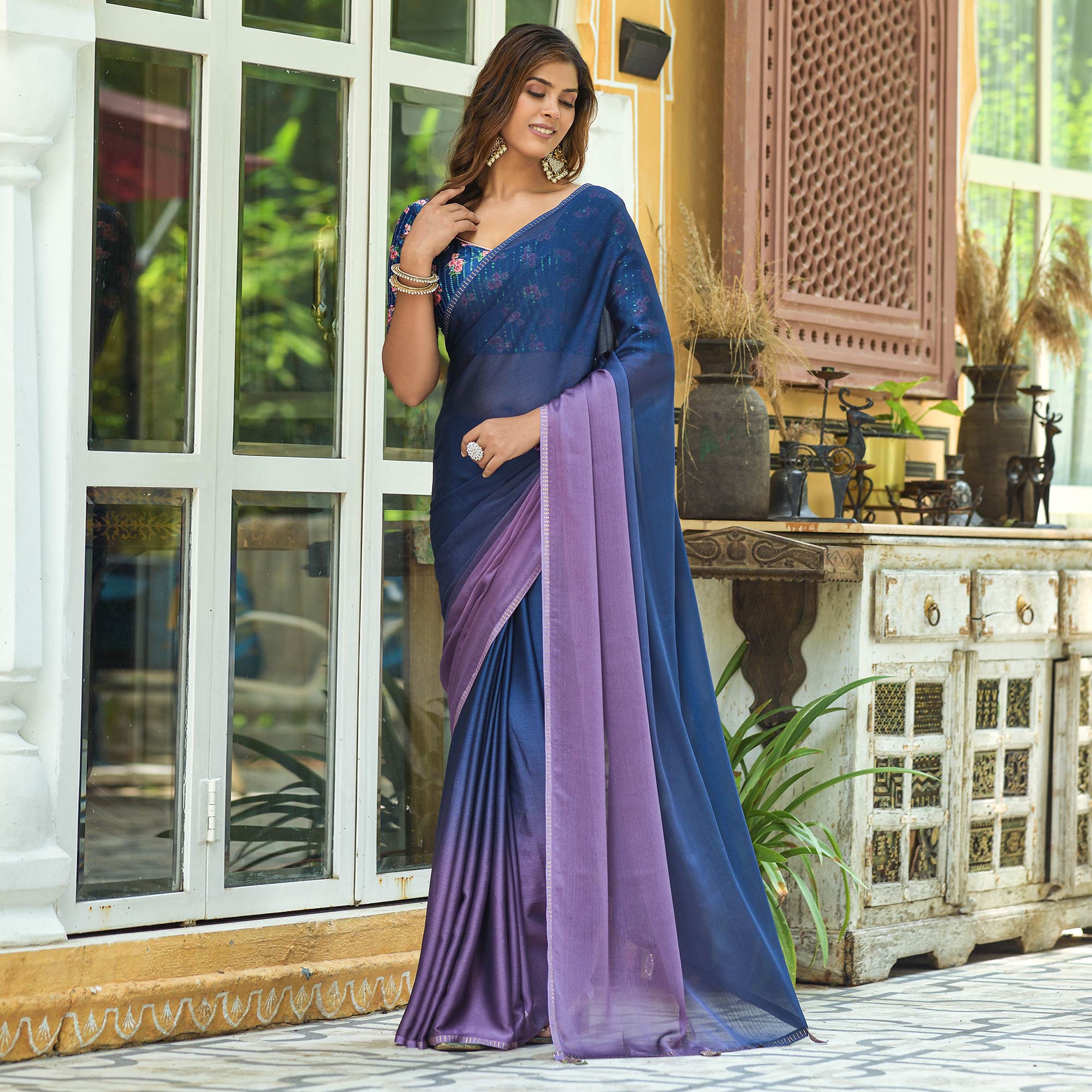 Blue & Purple Solid Chiffon Saree With Tassels