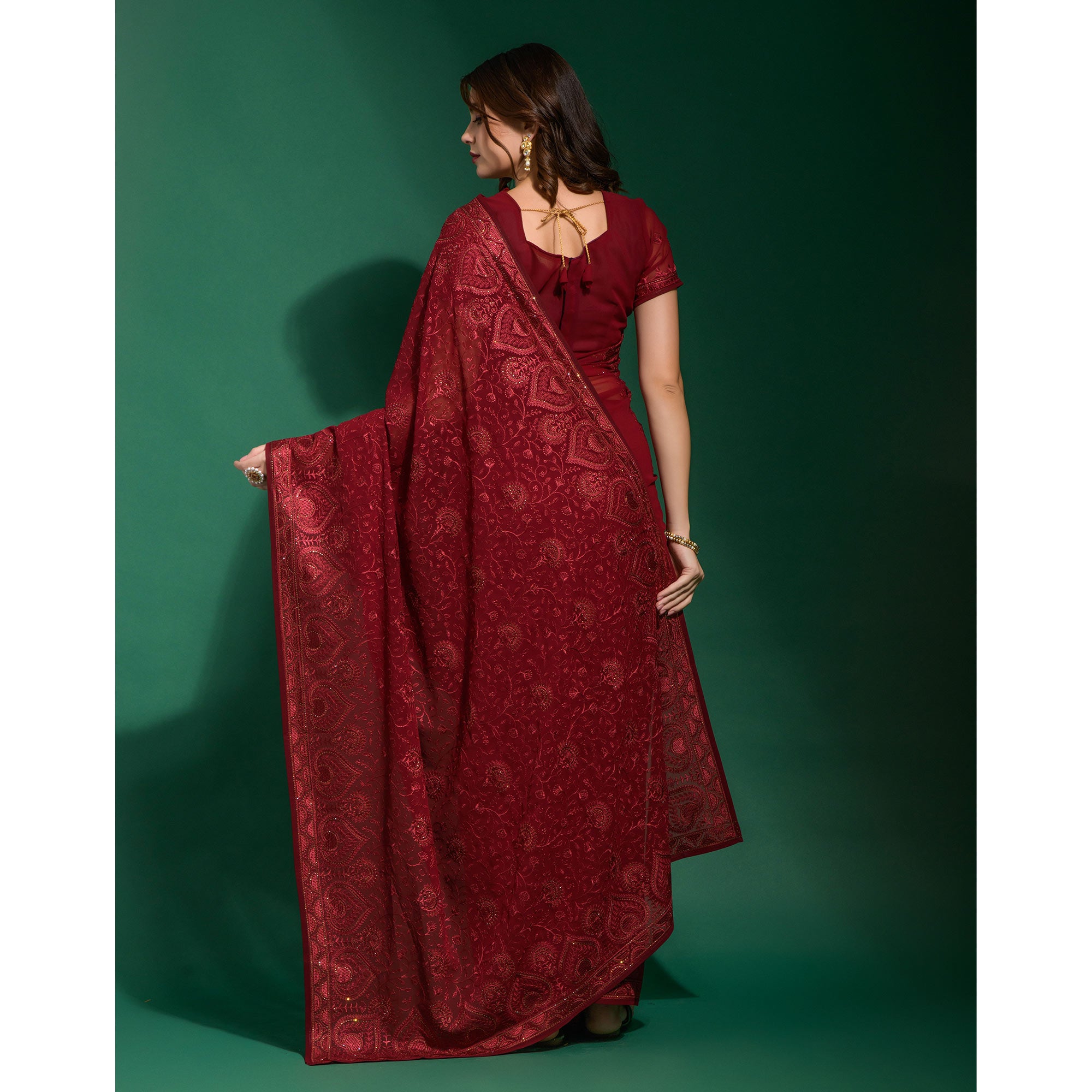 Maroon Floral Embroidered Georgette Saree