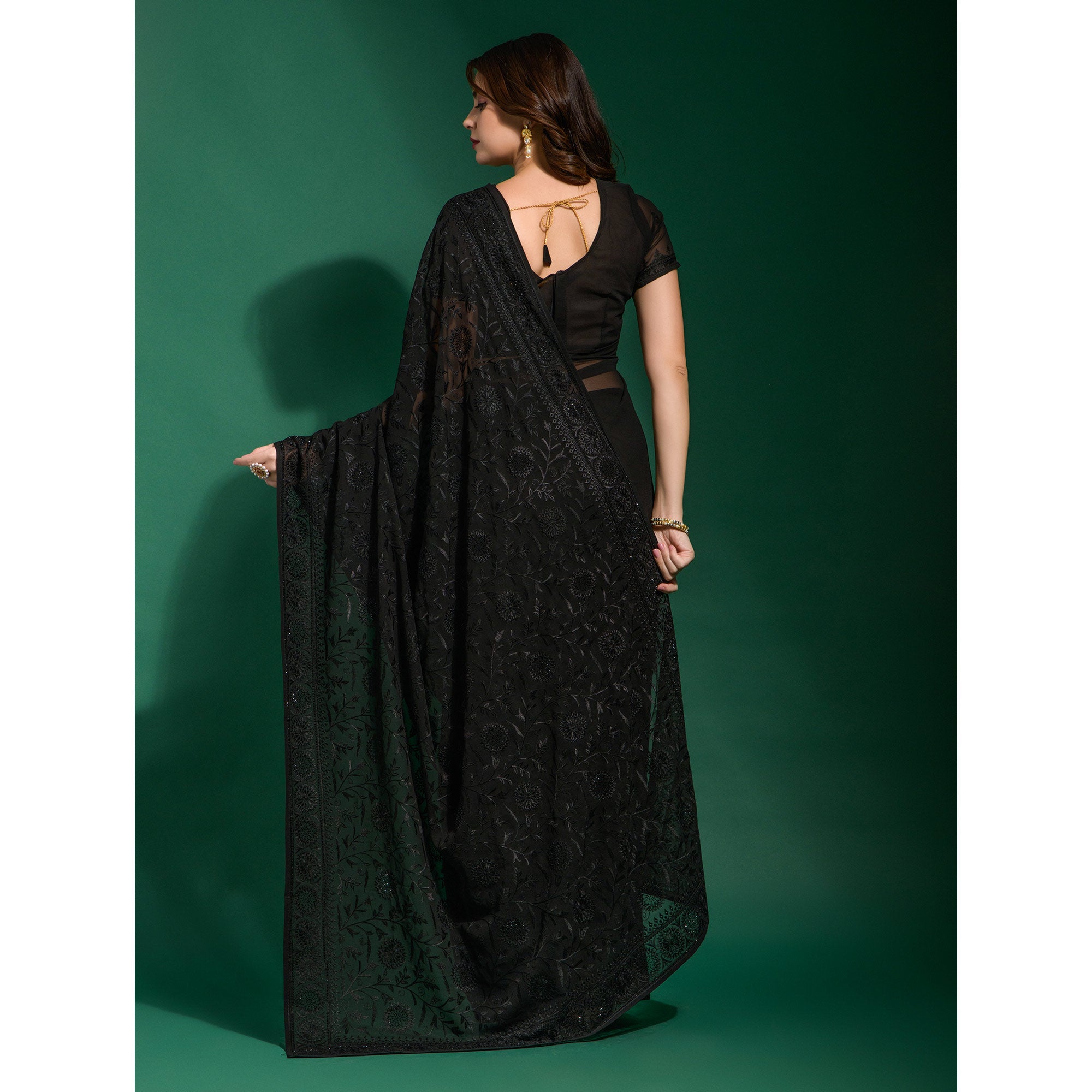 Black Floral Embroidered Georgette Saree