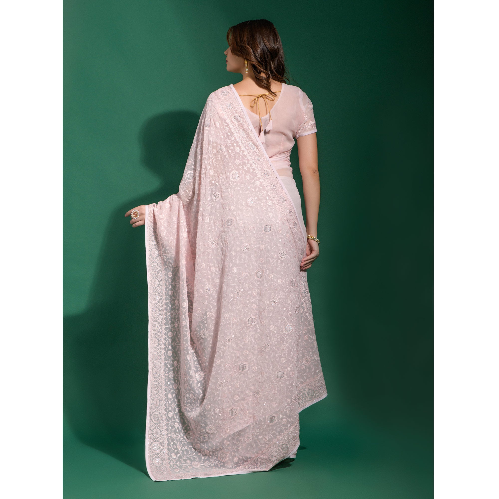 Baby Pink Floral Embroidered Georgette Saree