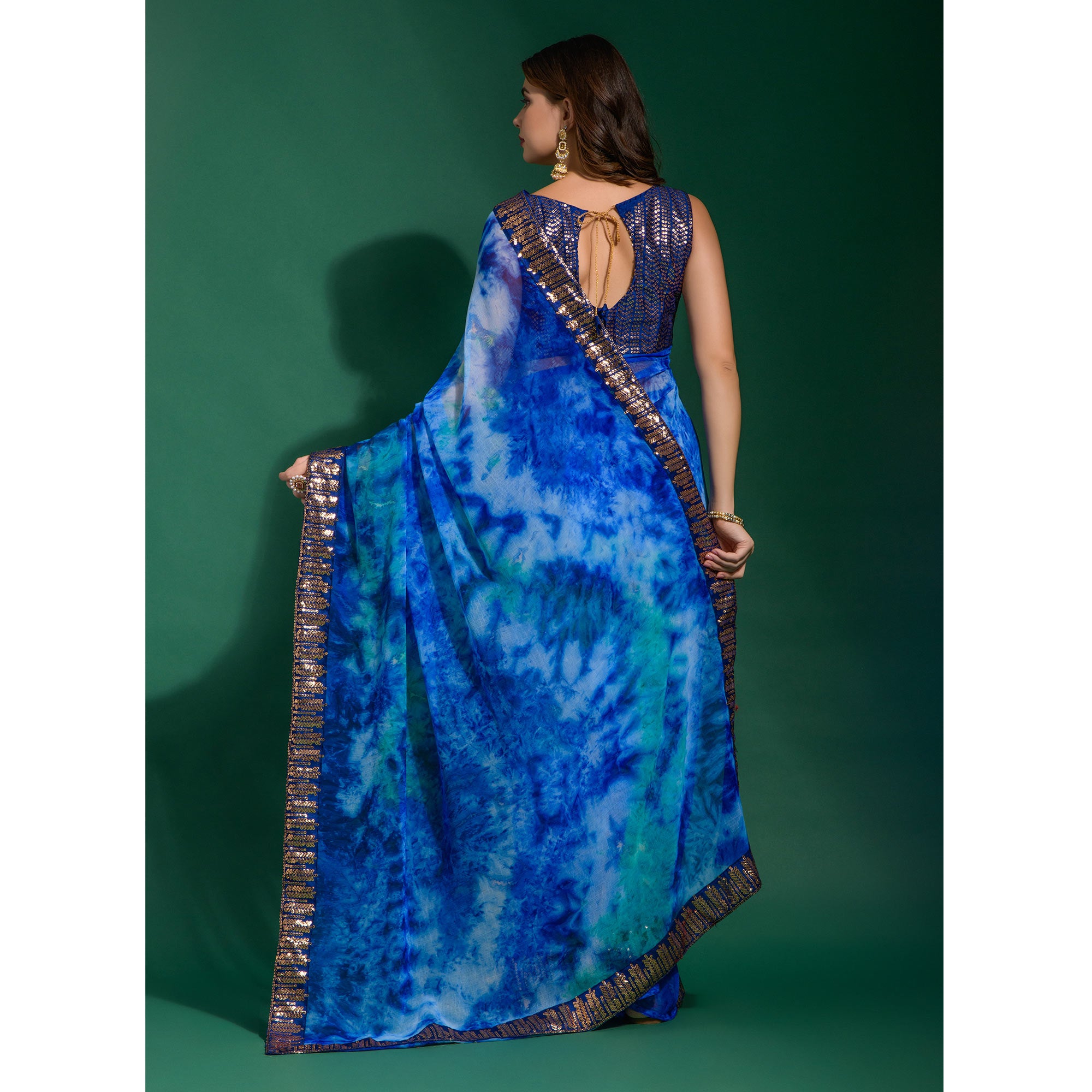 Blue Printed With Sequins Border Chiffon Saree