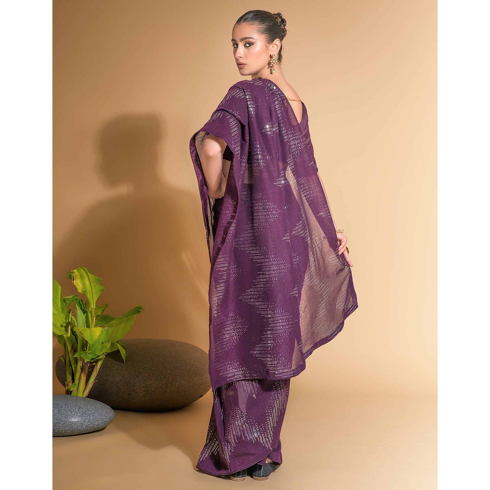Wine Sequins Embroidered Georgette Saree