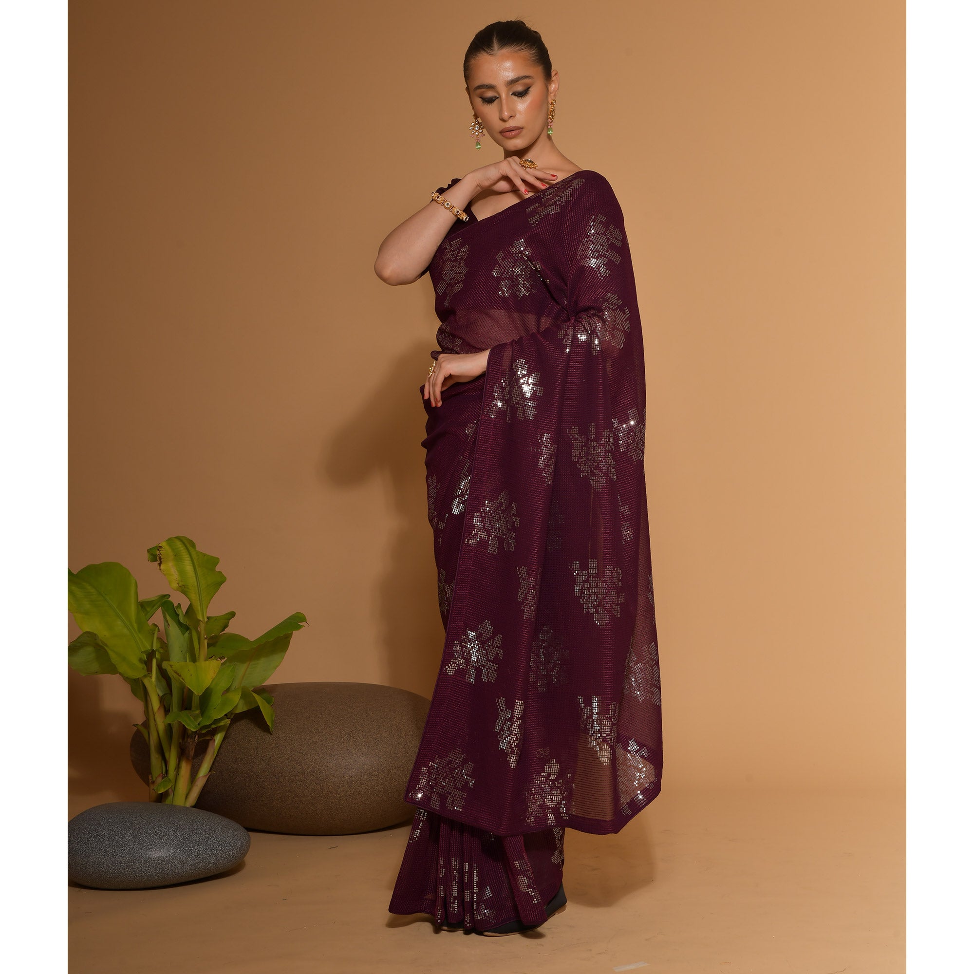 Wine Sequins Embroidered Georgette Saree