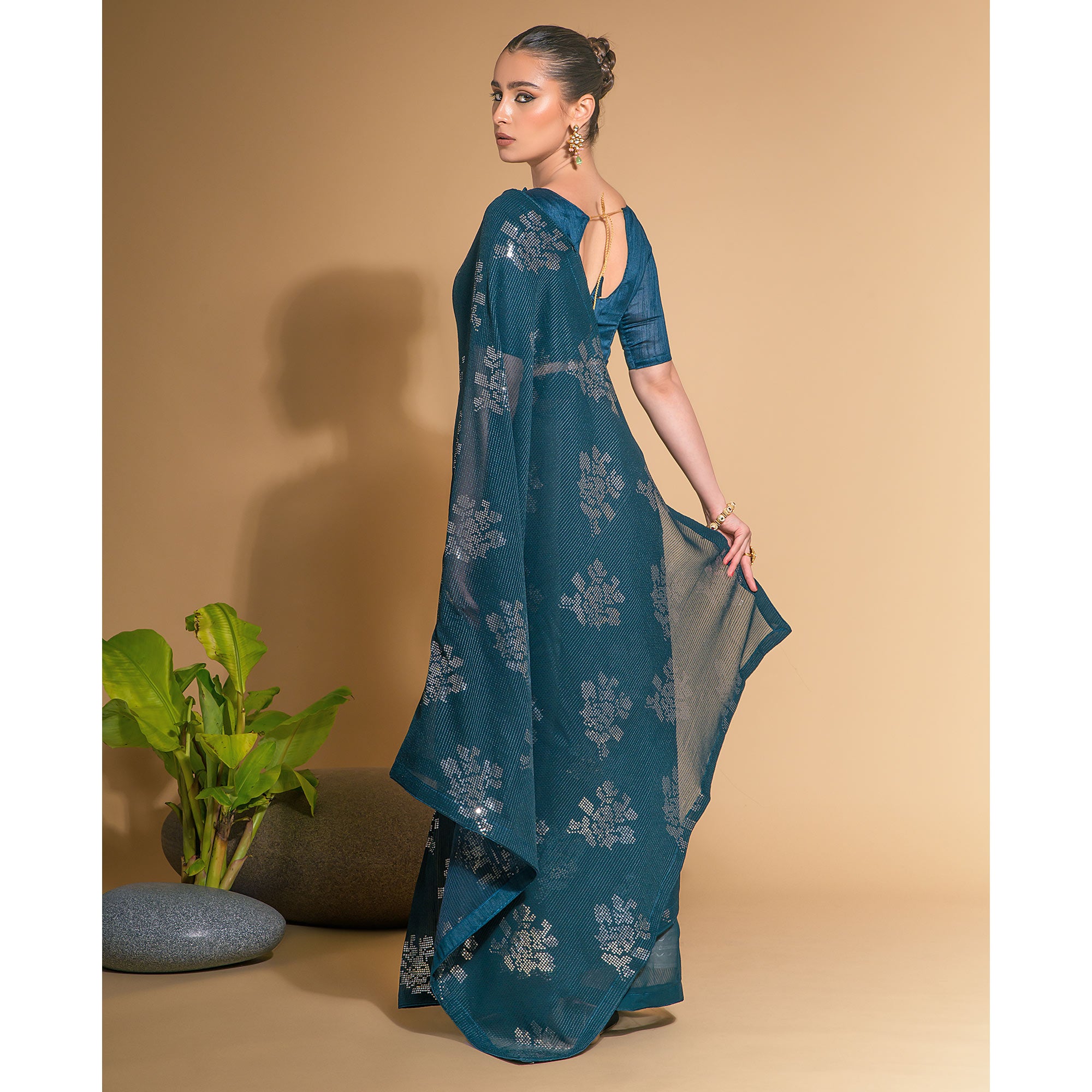 Blue Sequins Embroidered Georgette Saree