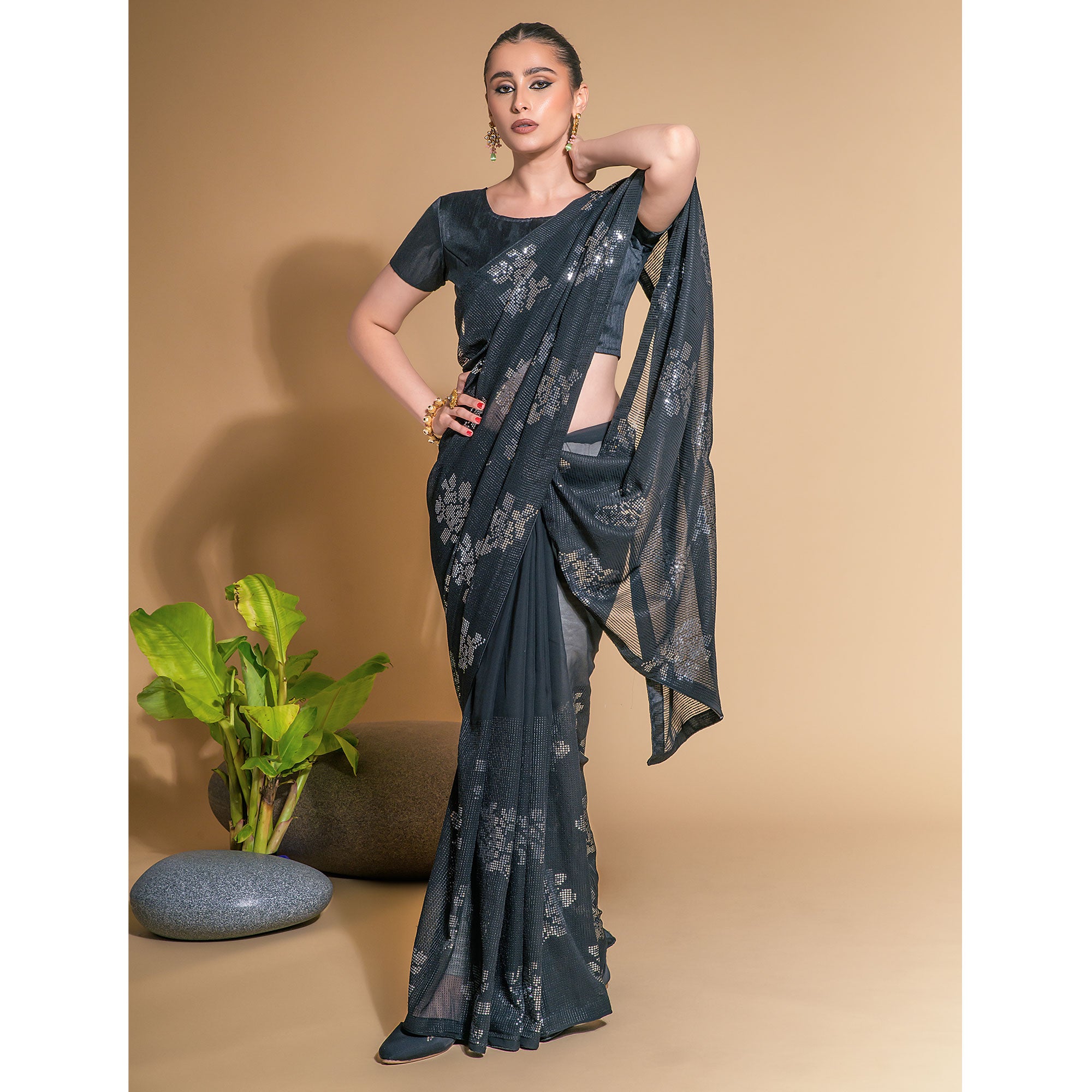 Black Sequins Embroidered Georgette Saree