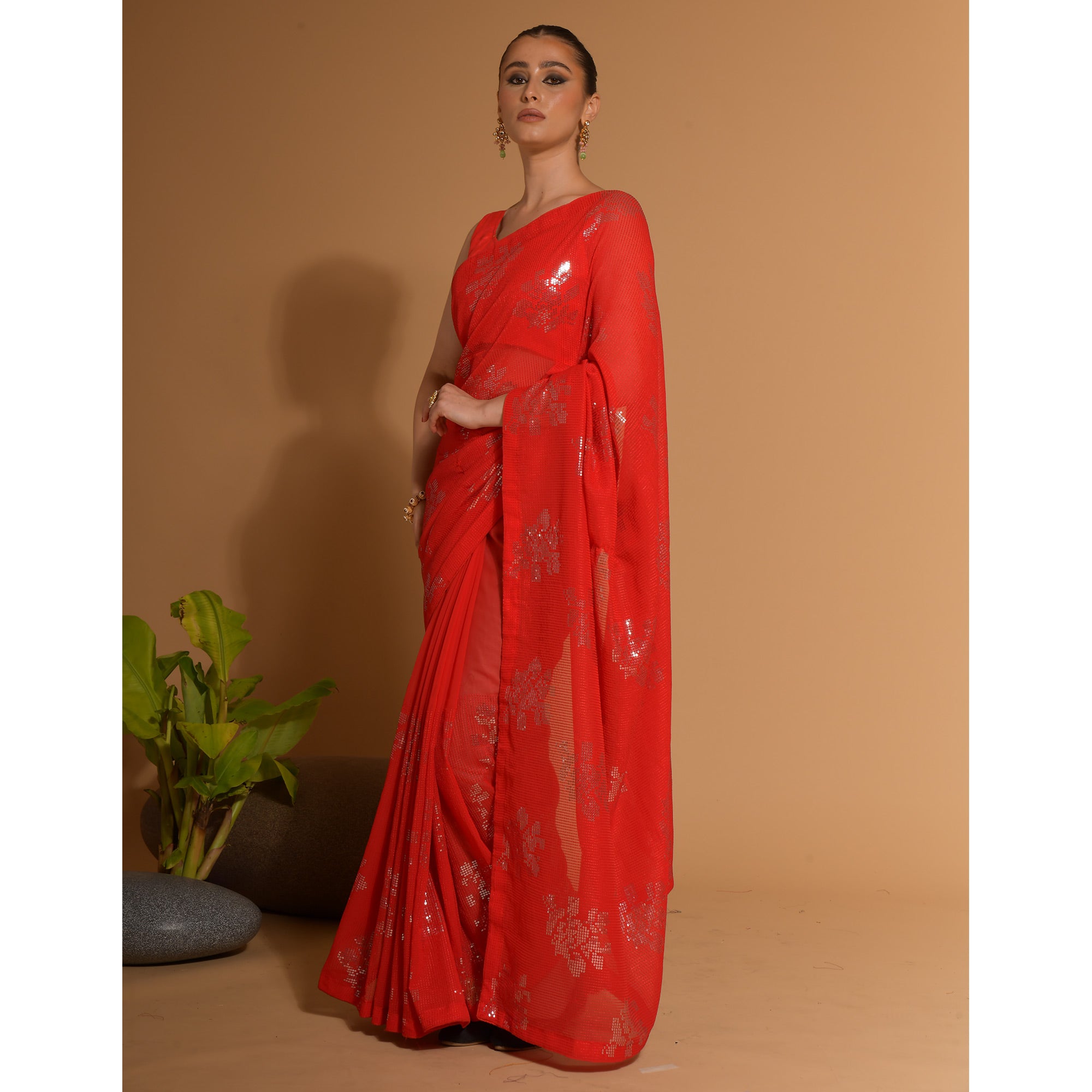 Red Sequins Embroidered Georgette Saree