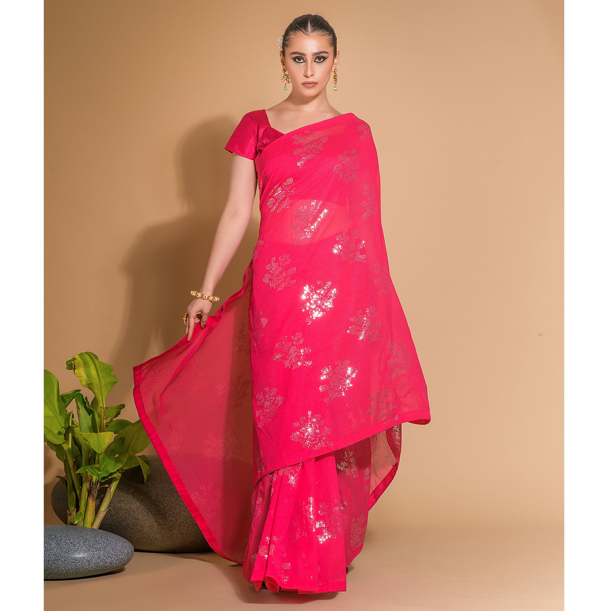 Pink Sequins Embroidered Georgette Saree