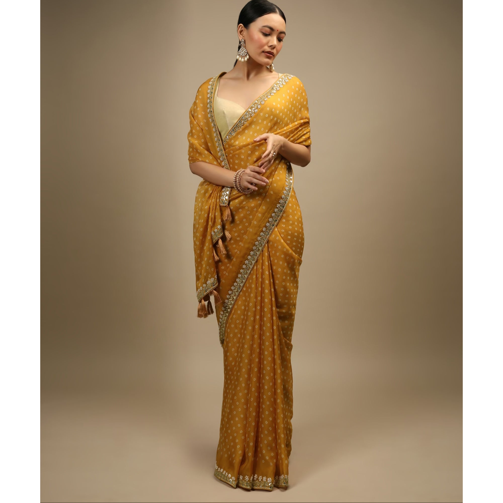 Mustard Bandhani Printed Chinon Saree
