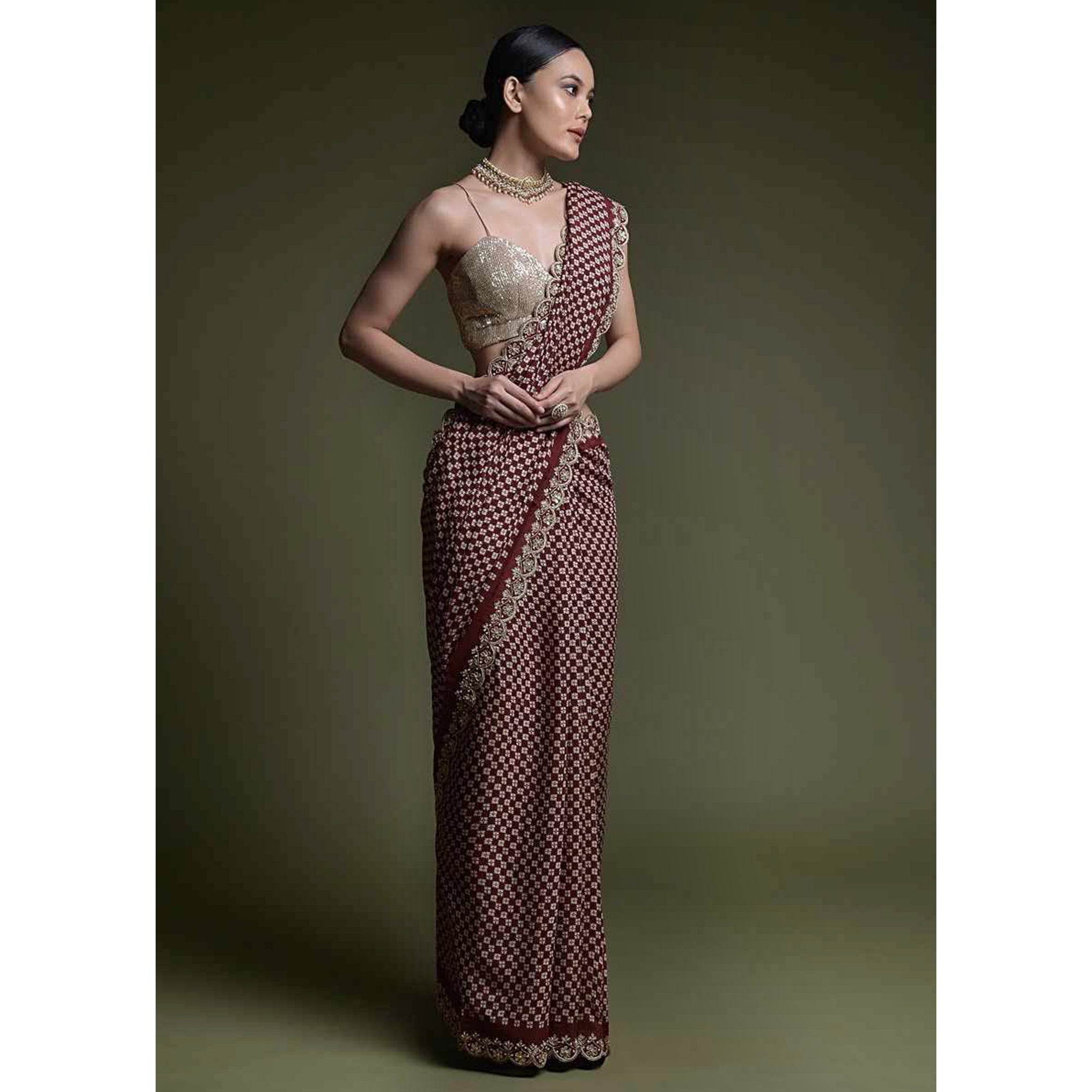 Maroon Printed With Embroidered Border Chinon Saree