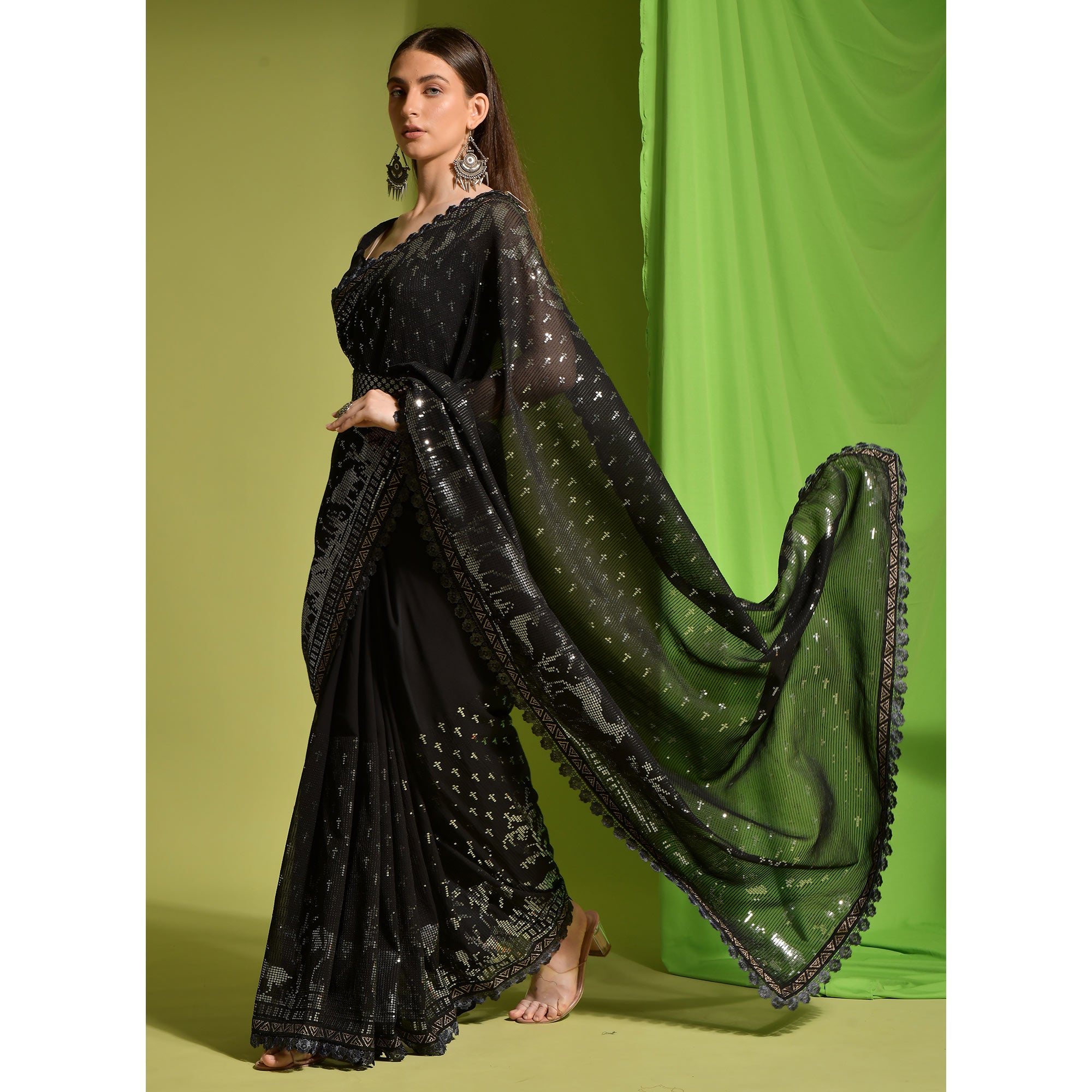 Black Sequins Embroidered Georgette Saree