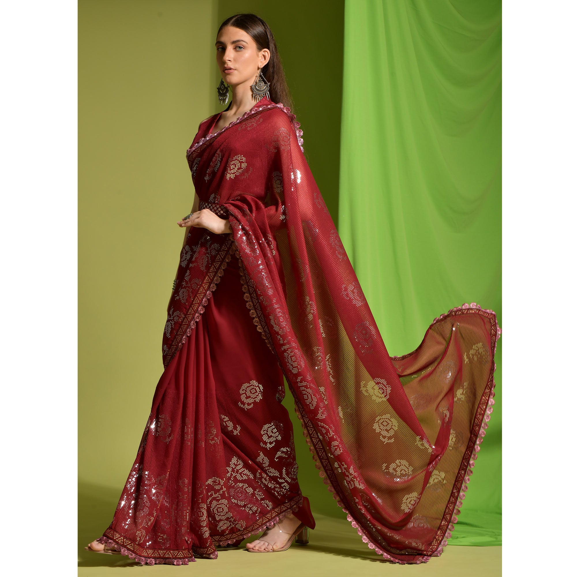 Red Sequins Embroidered Georgette Saree