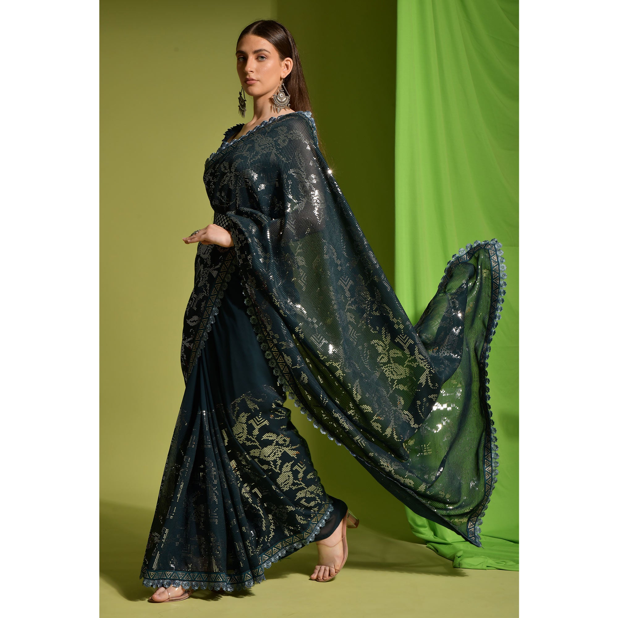 Green Sequins Embroidered Georgette Saree