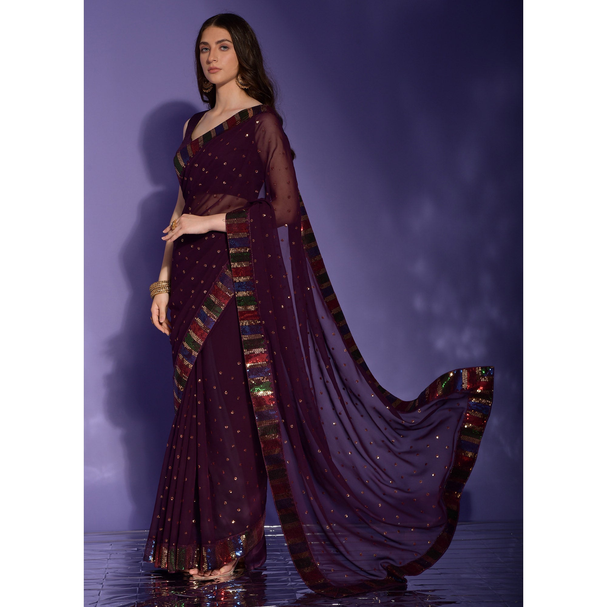 Wine Sequins Embroidered Georgette Saree