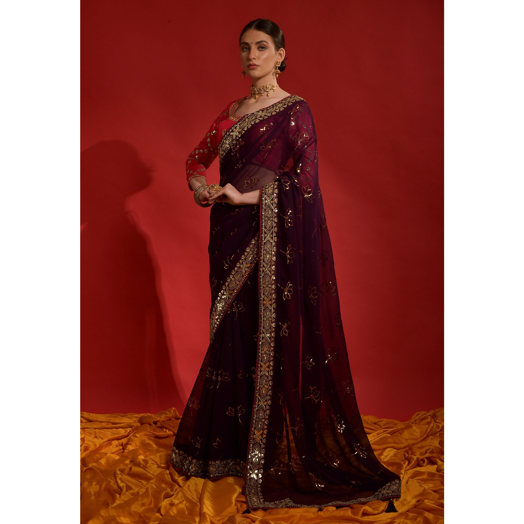 Wine Floral Sequins Embroidered Georgette Saree