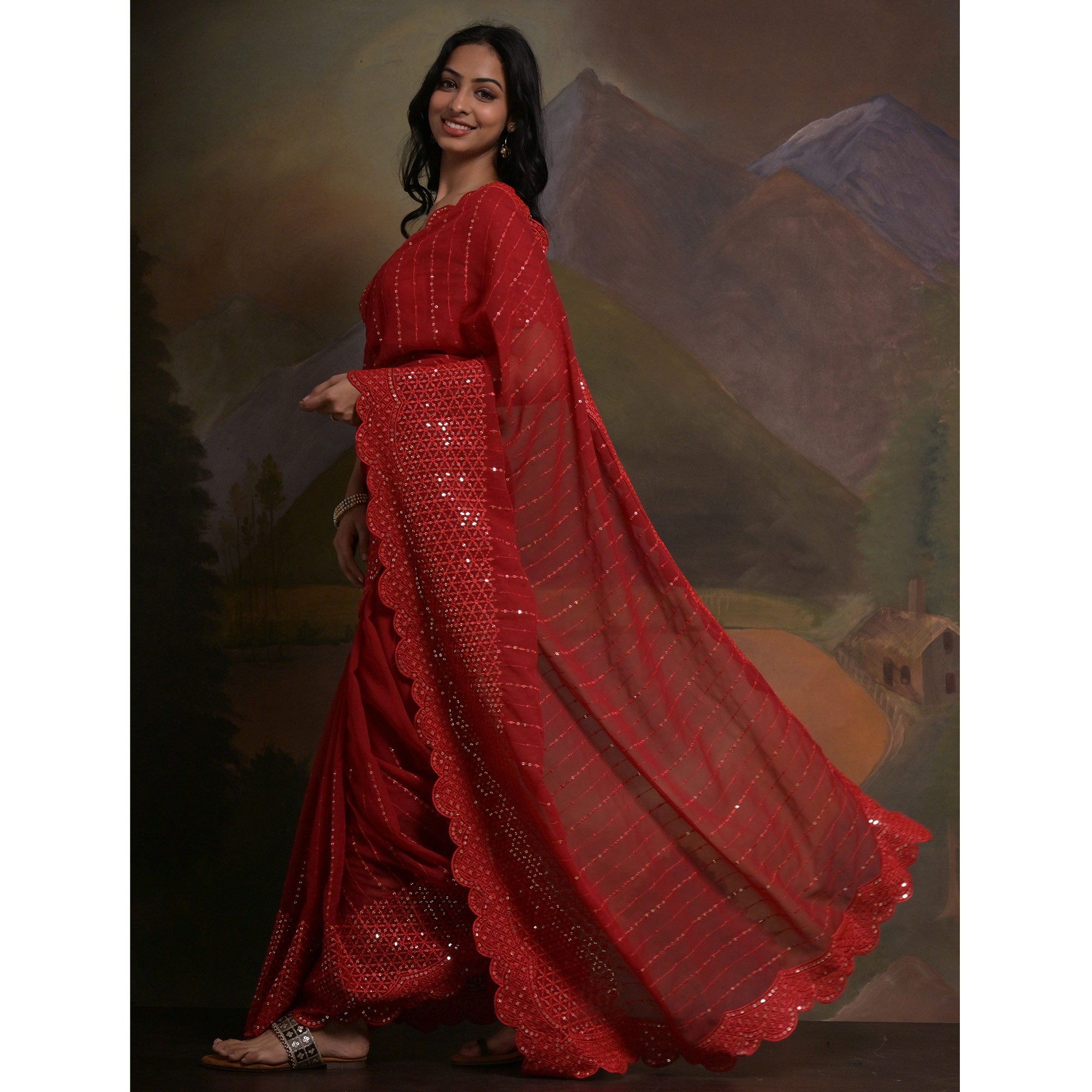 Red Sequins Embroidered Georgette Saree