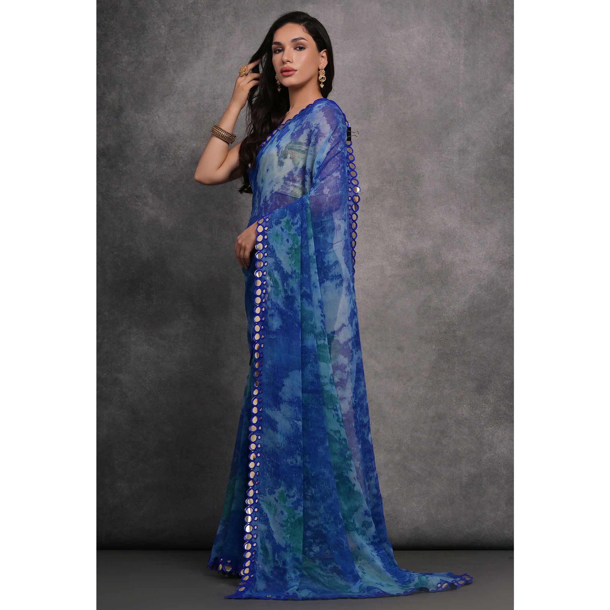 Navy Blue Printed With Mirror Work Georgette Saree