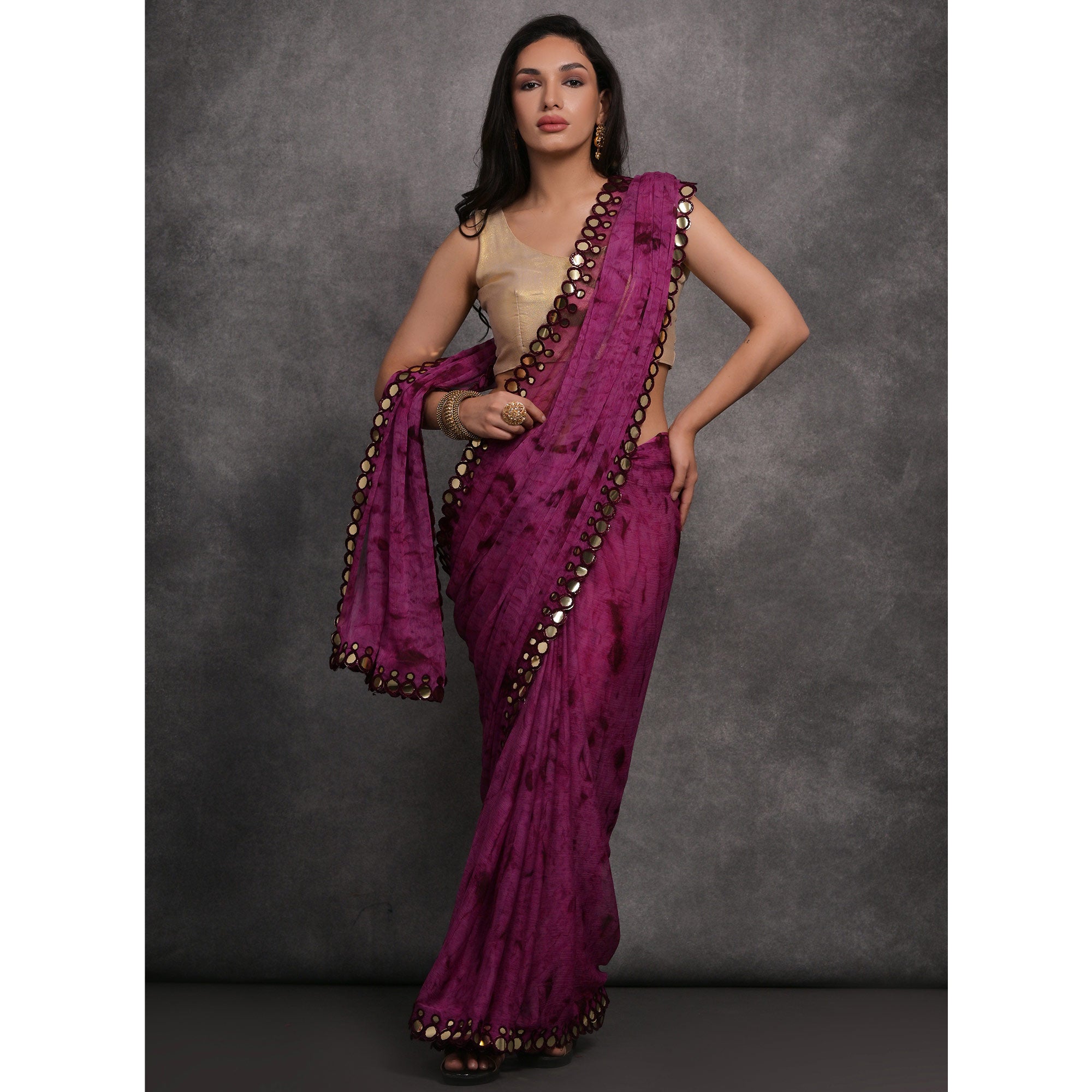 Purple Printed With Mirror Work Georgette Saree