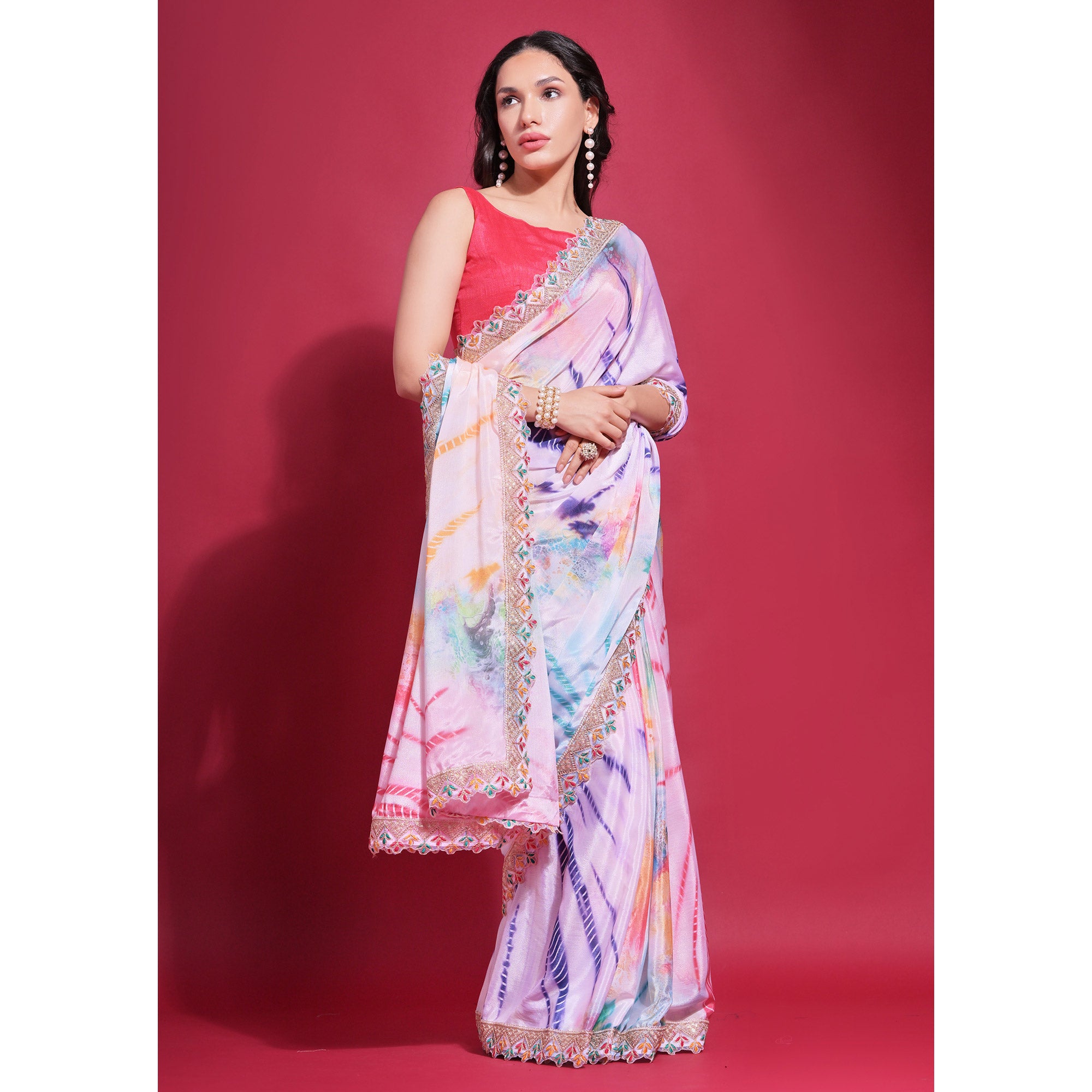 Pink Digital Printed Chinon Saree With Coding Border