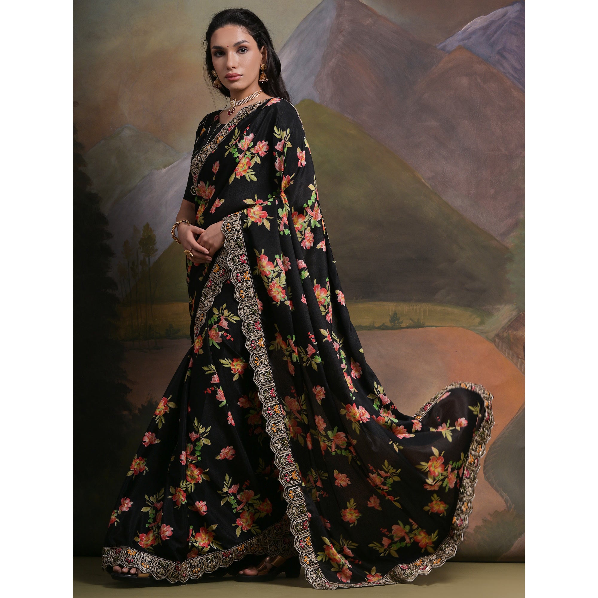 Black Floral Printed Chinon Saree With Embroidered Border