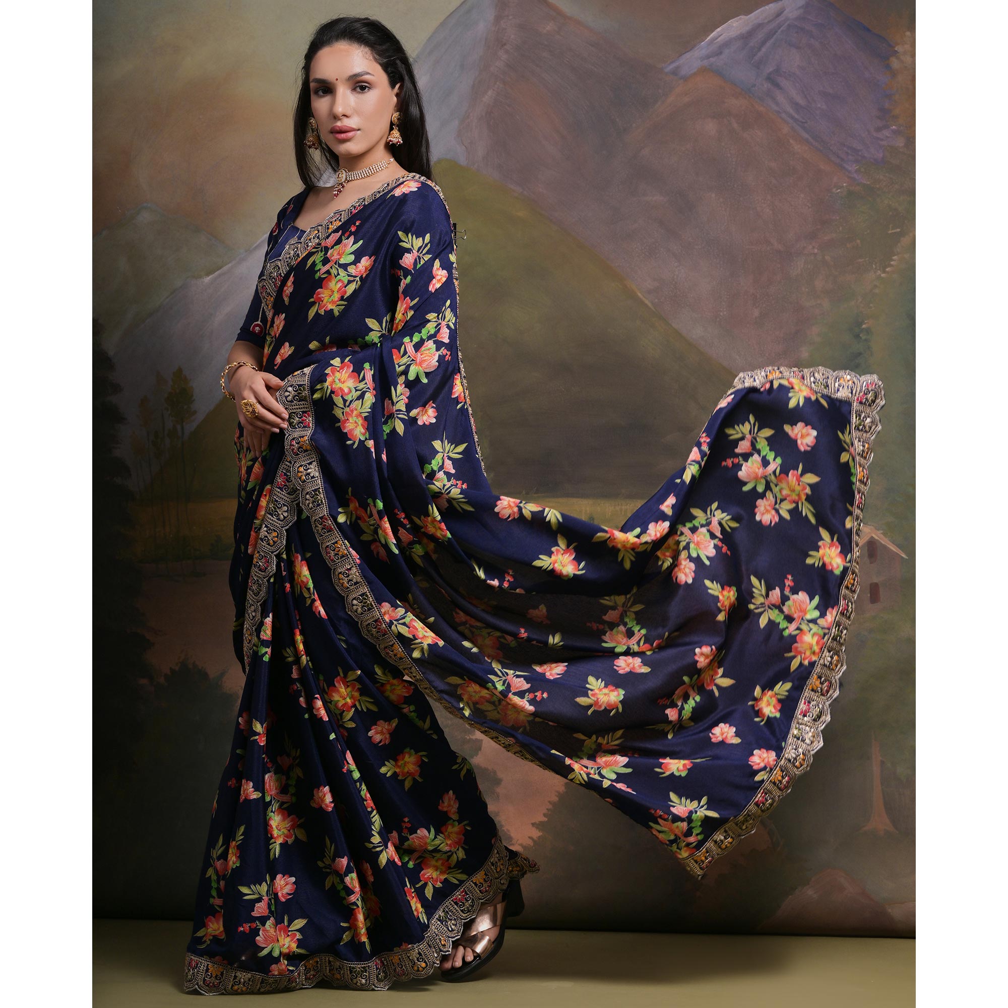 Navy Blue Floral Printed Chinon Saree With Embroidered Border