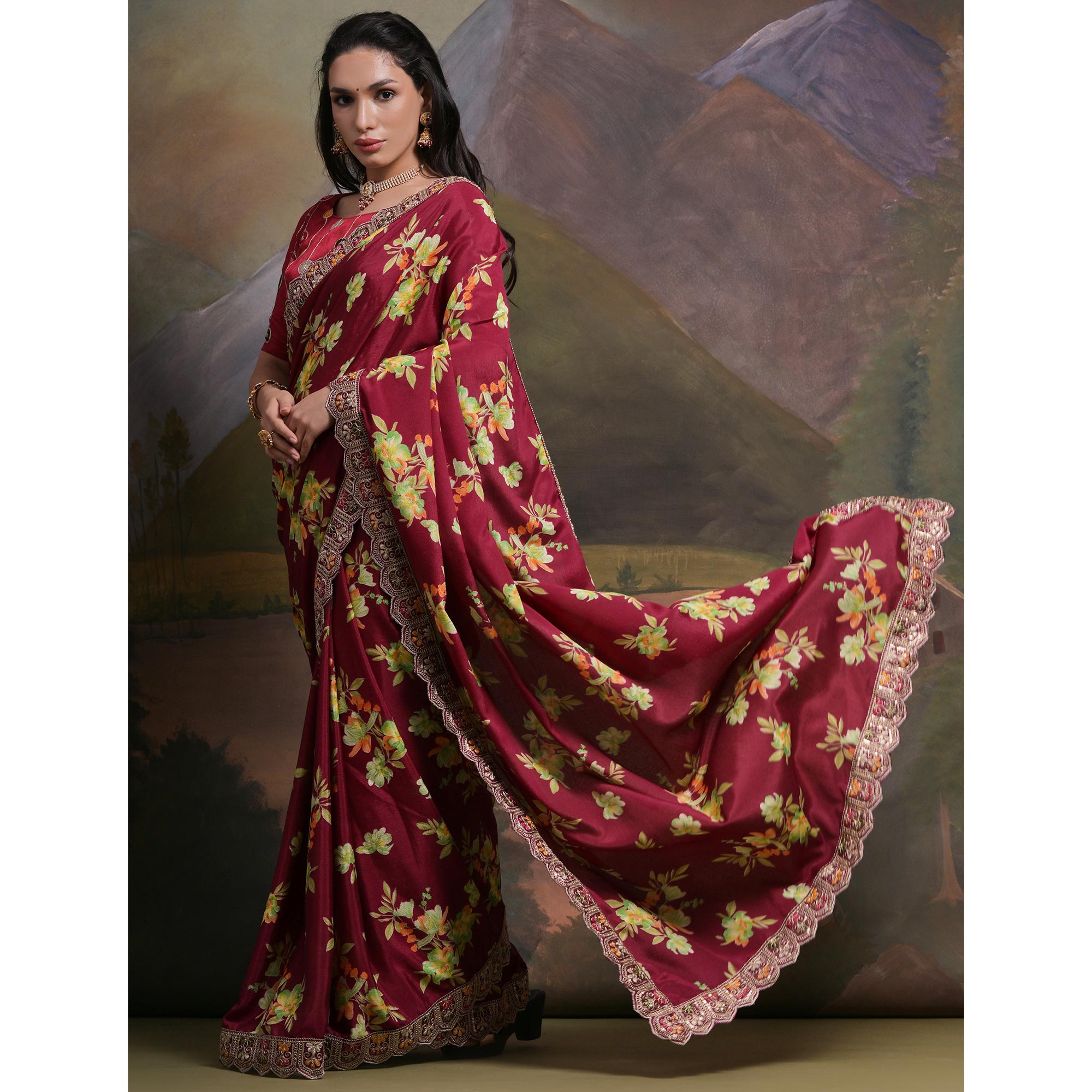 Maroon Floral Printed Chinon Saree With Embroidered Border