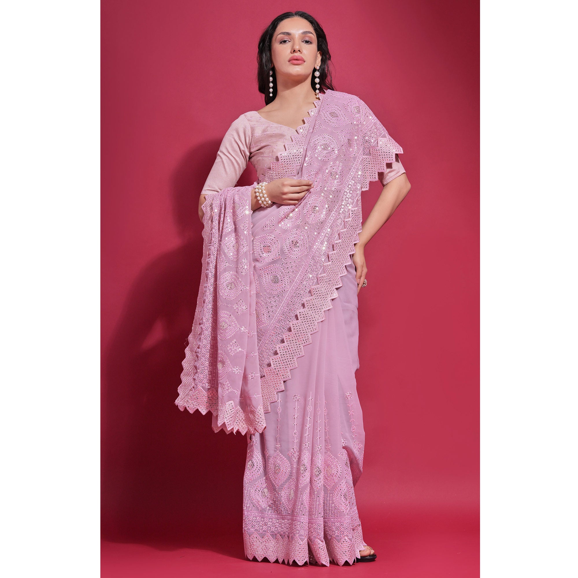 Pink Sequins Embroidered Georgette Saree