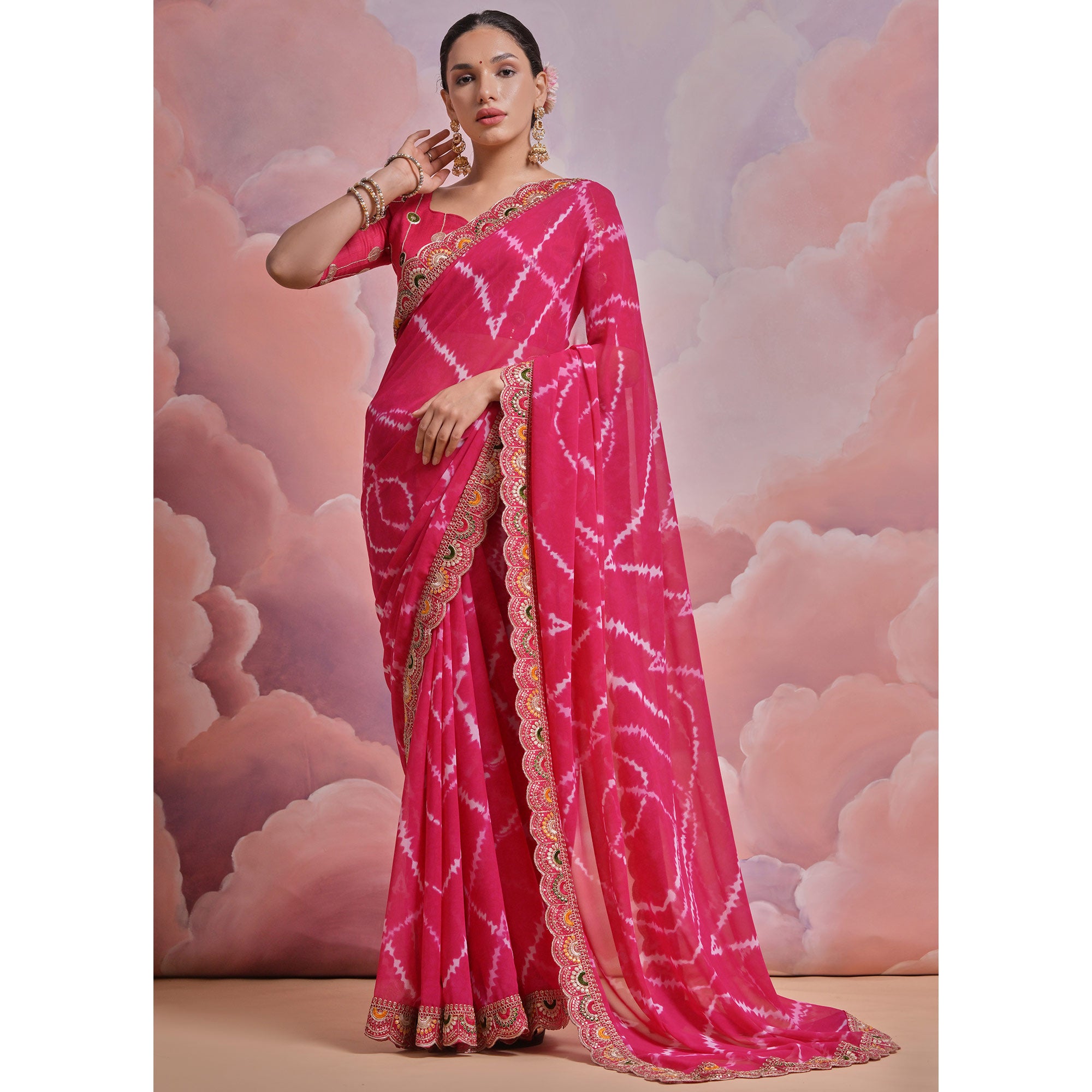 Pink  Printed With Embroidered Border Georgette Saree