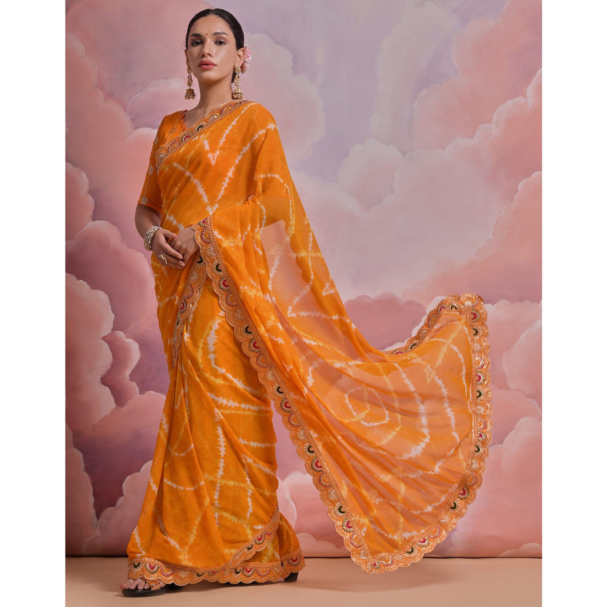Yellow Printed With Embroidered Border Georgette Saree