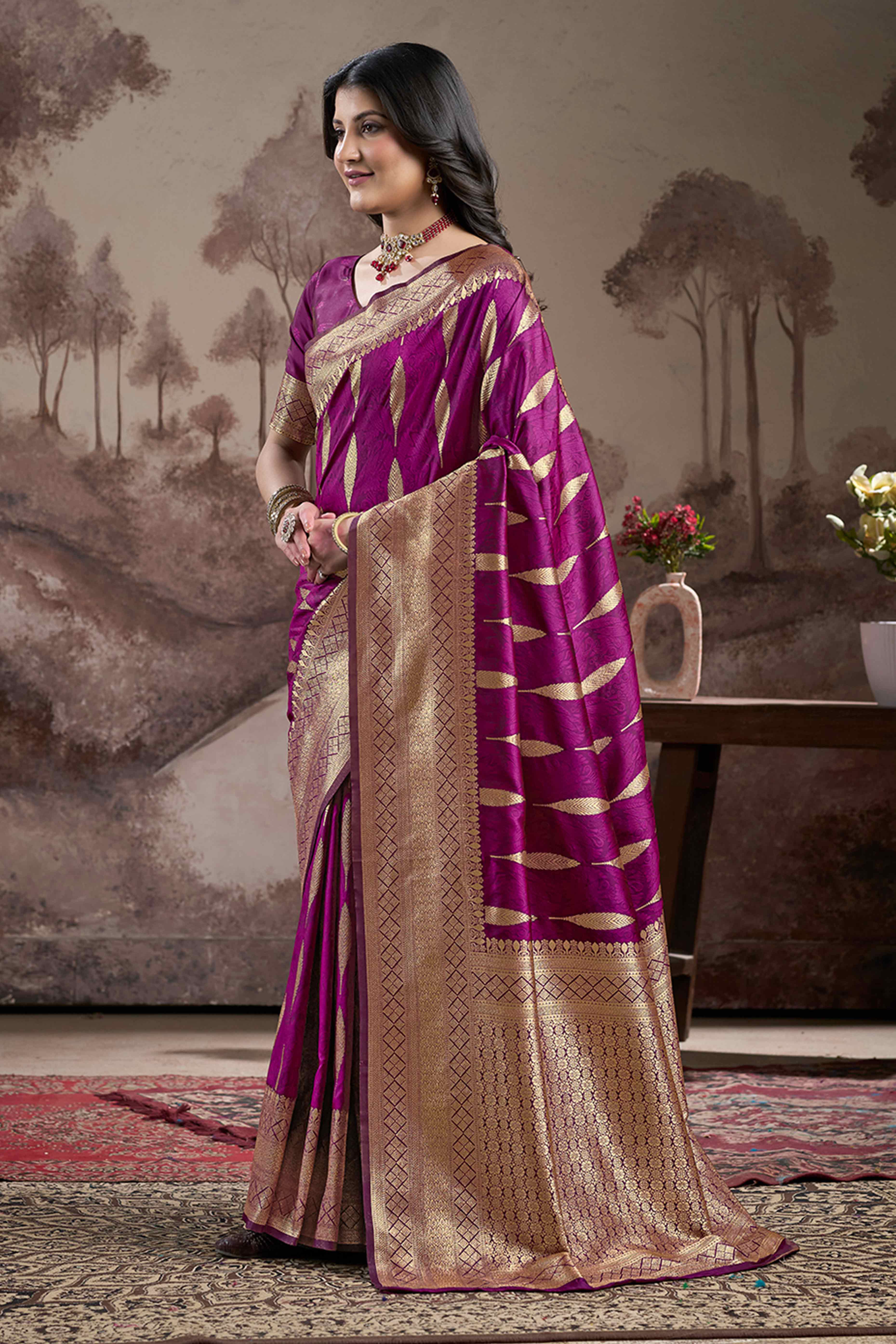 Purple Floral Woven Jacquard Silk Saree