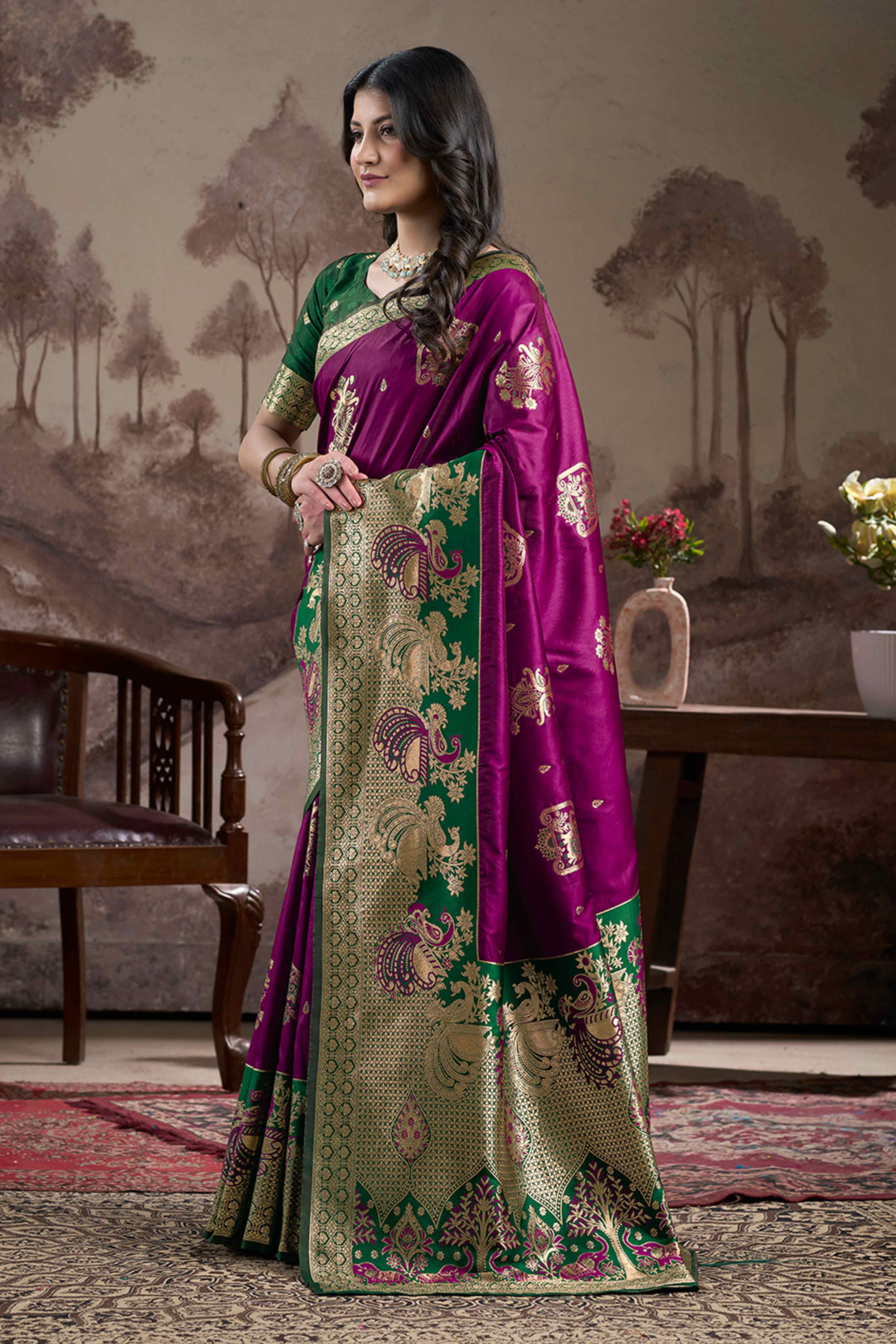 Purple Floral Woven Jacquard Silk Saree
