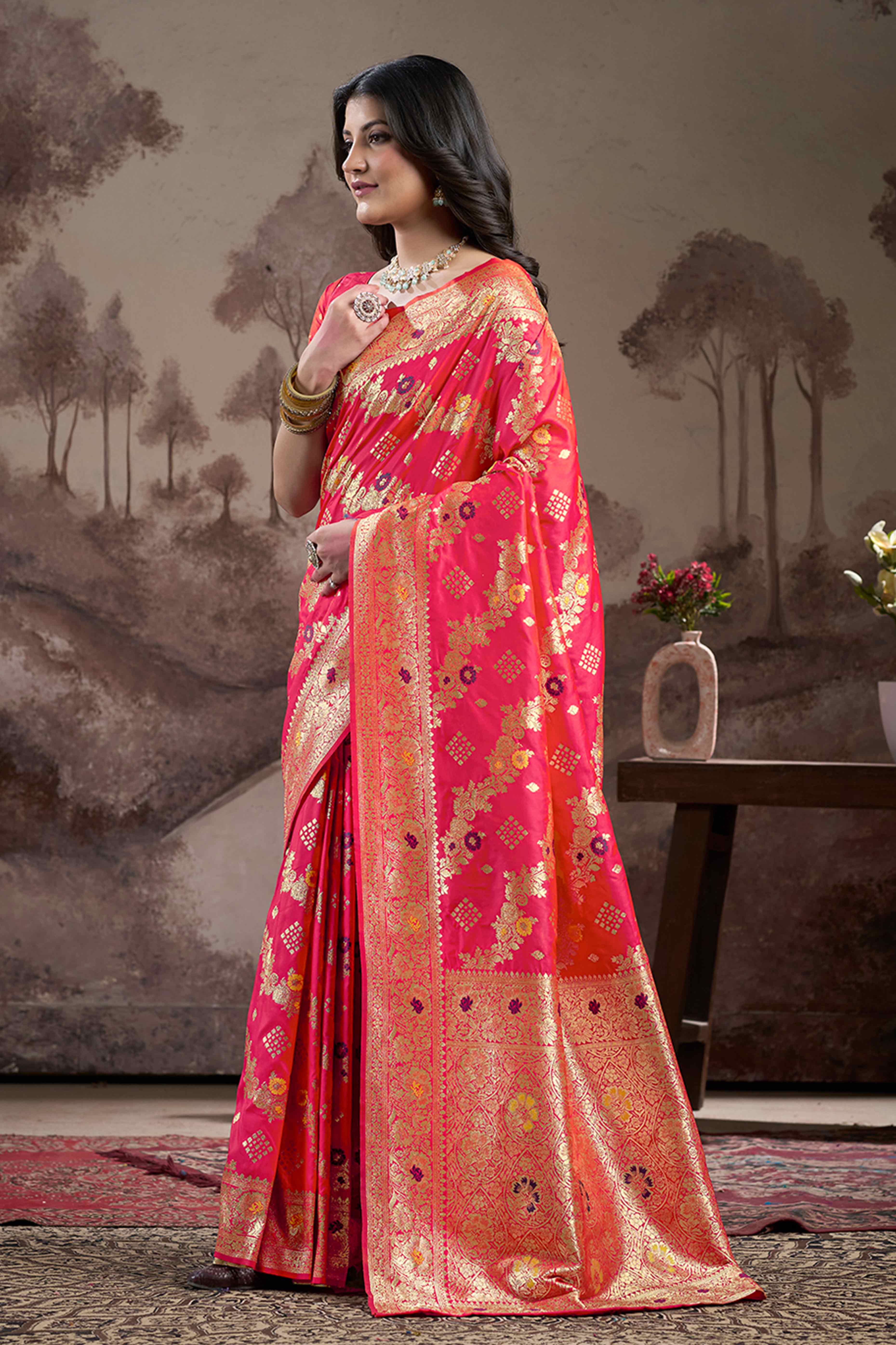 Pink Floral Woven Jacquard Silk Saree
