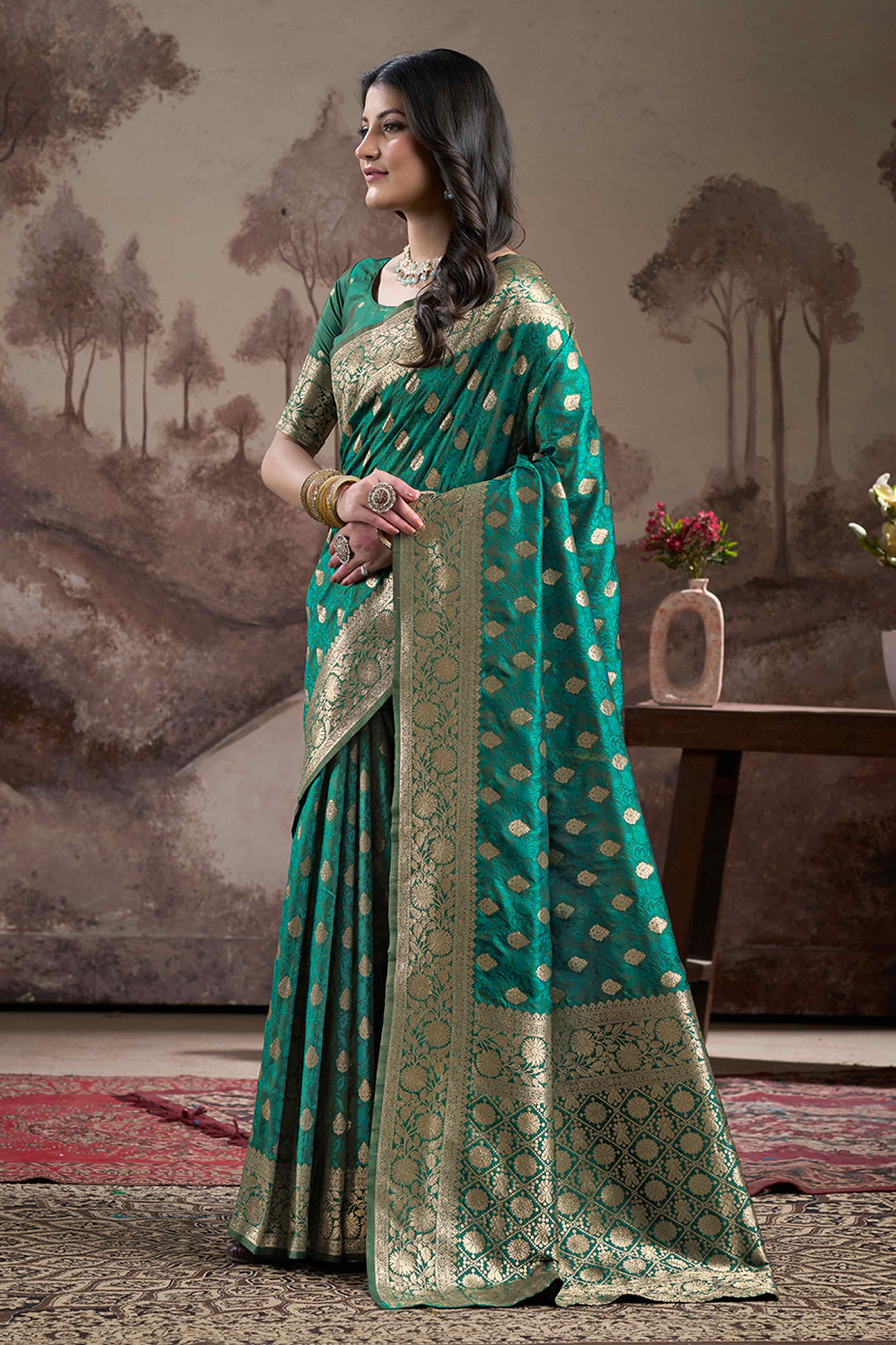 Rama Green Floral Woven Jacquard Silk Saree