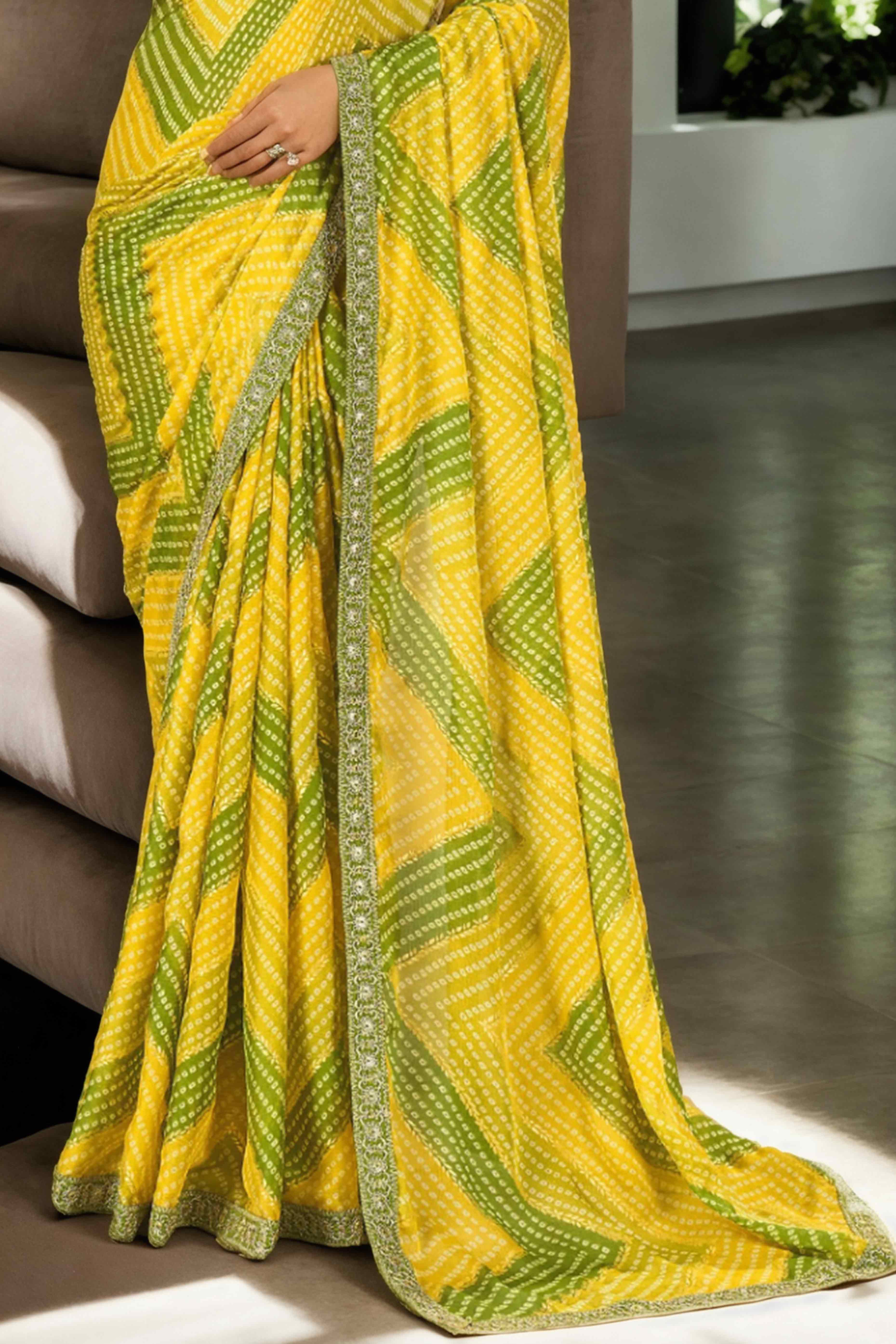 Green & Yellow Bandhani Digital Printed Chinon Saree With Embroidered Border