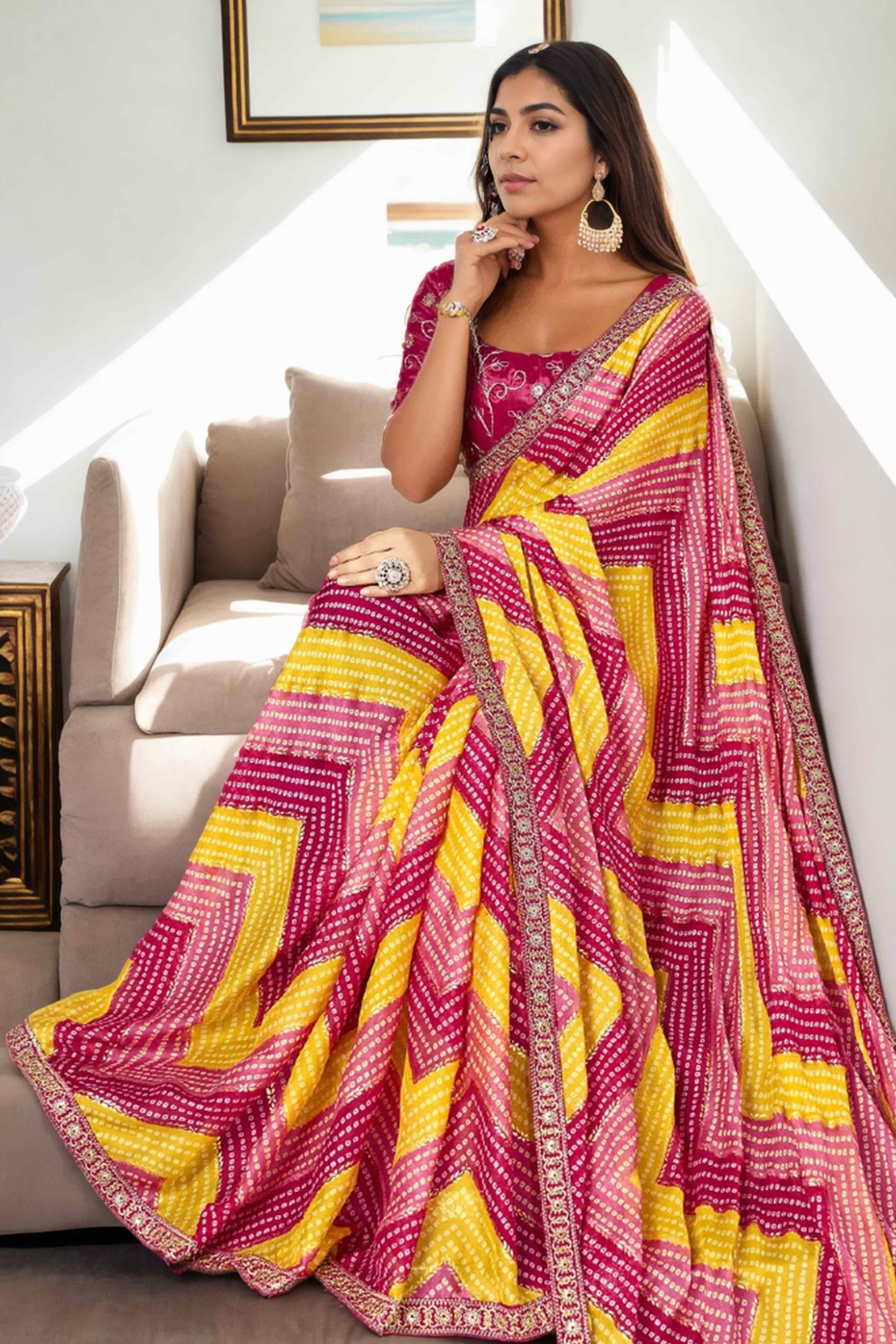 Pink & Yellow Bandhani Digital Printed Chinon Saree With Embroidered Border