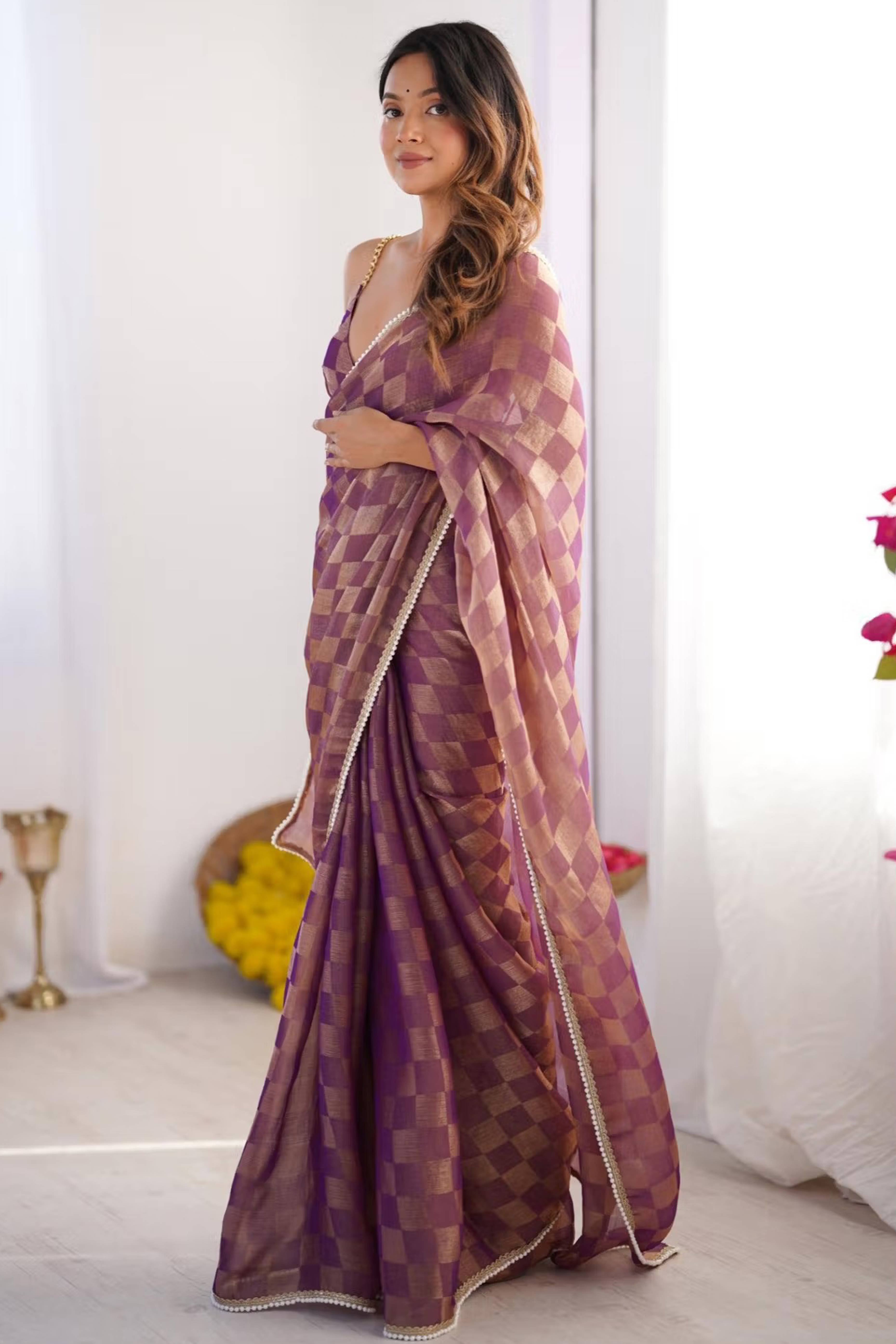 Purple Checks Weaving Chiffon Saree With Refined Moti Lace Border