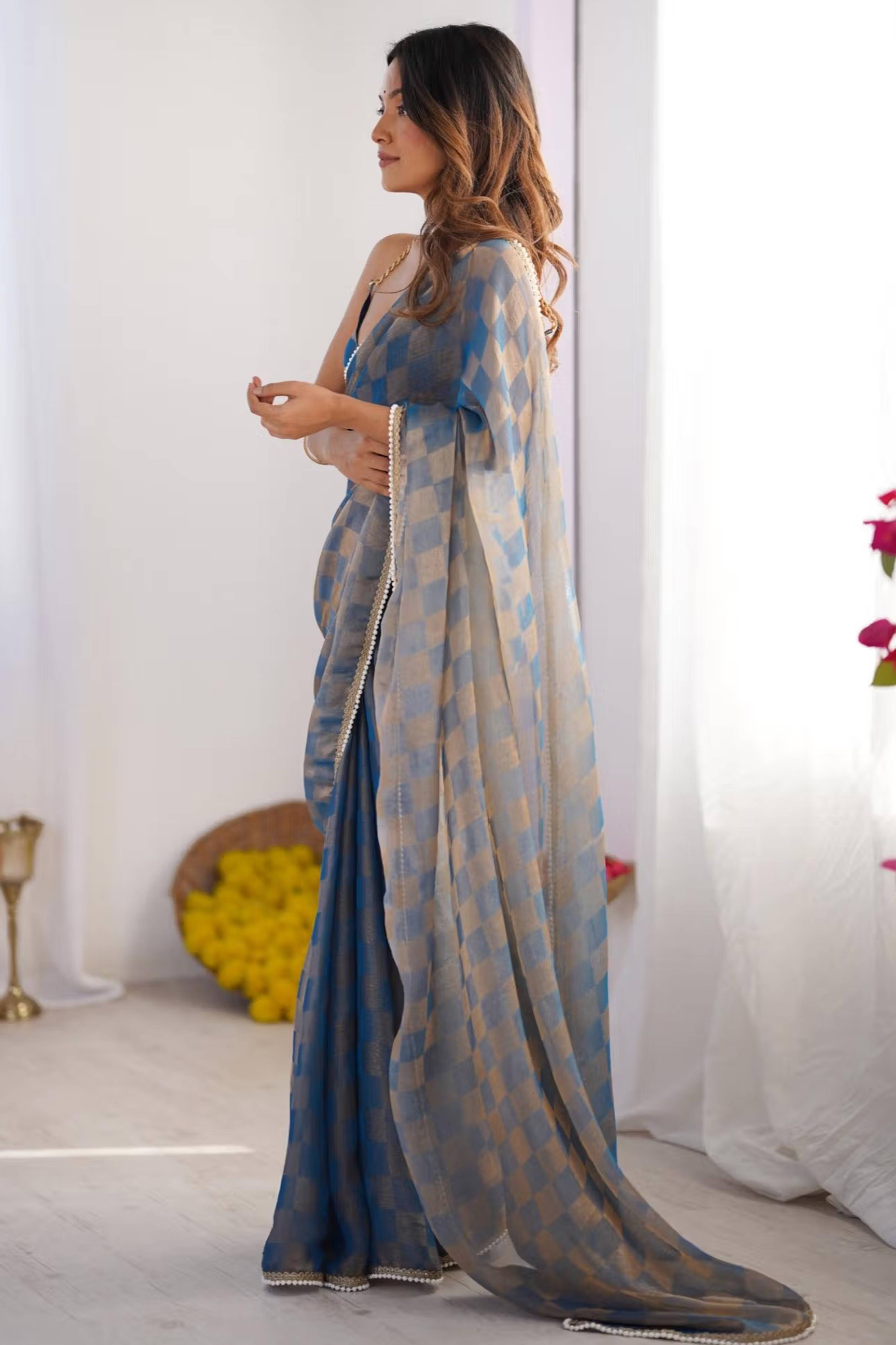 Blue Checks Weaving Chiffon Saree With Refined Moti Lace Border