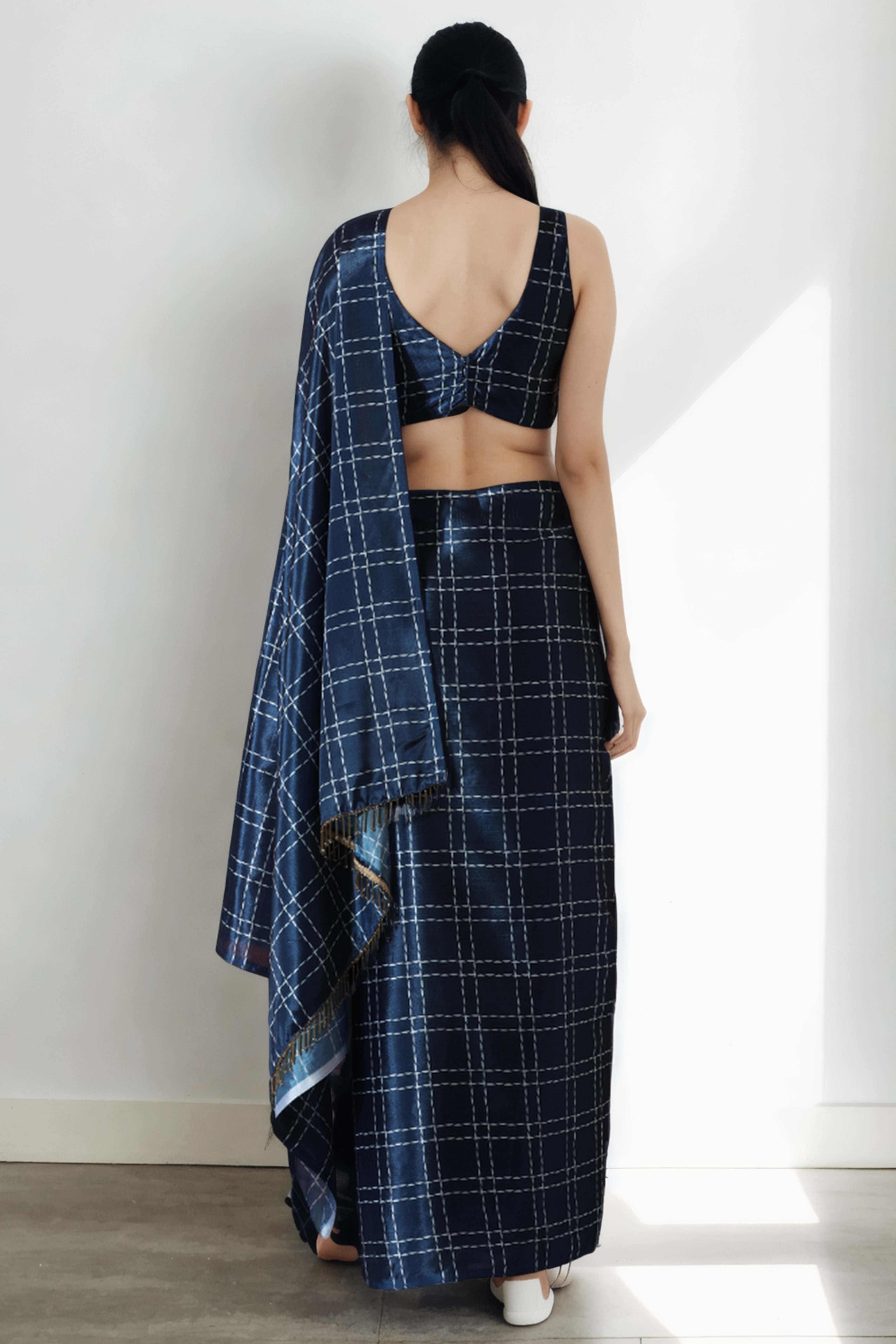 Navy Blue Digital Printed With Lace Border Pallu Chinon Ready To Wear Saree