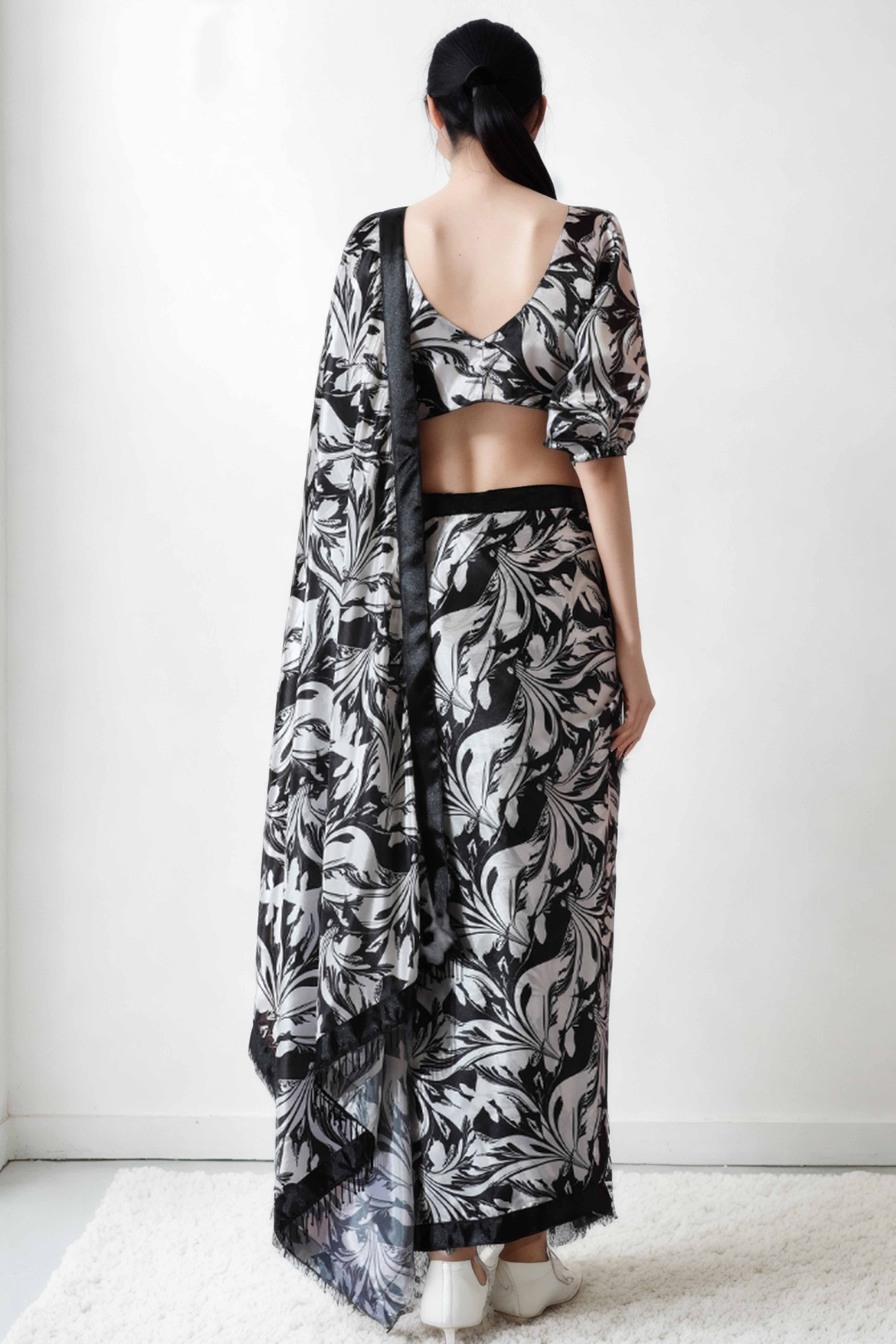 Black & White Floral Digital Printed With Lace Border Pallu Chinon Ready To Wear Saree