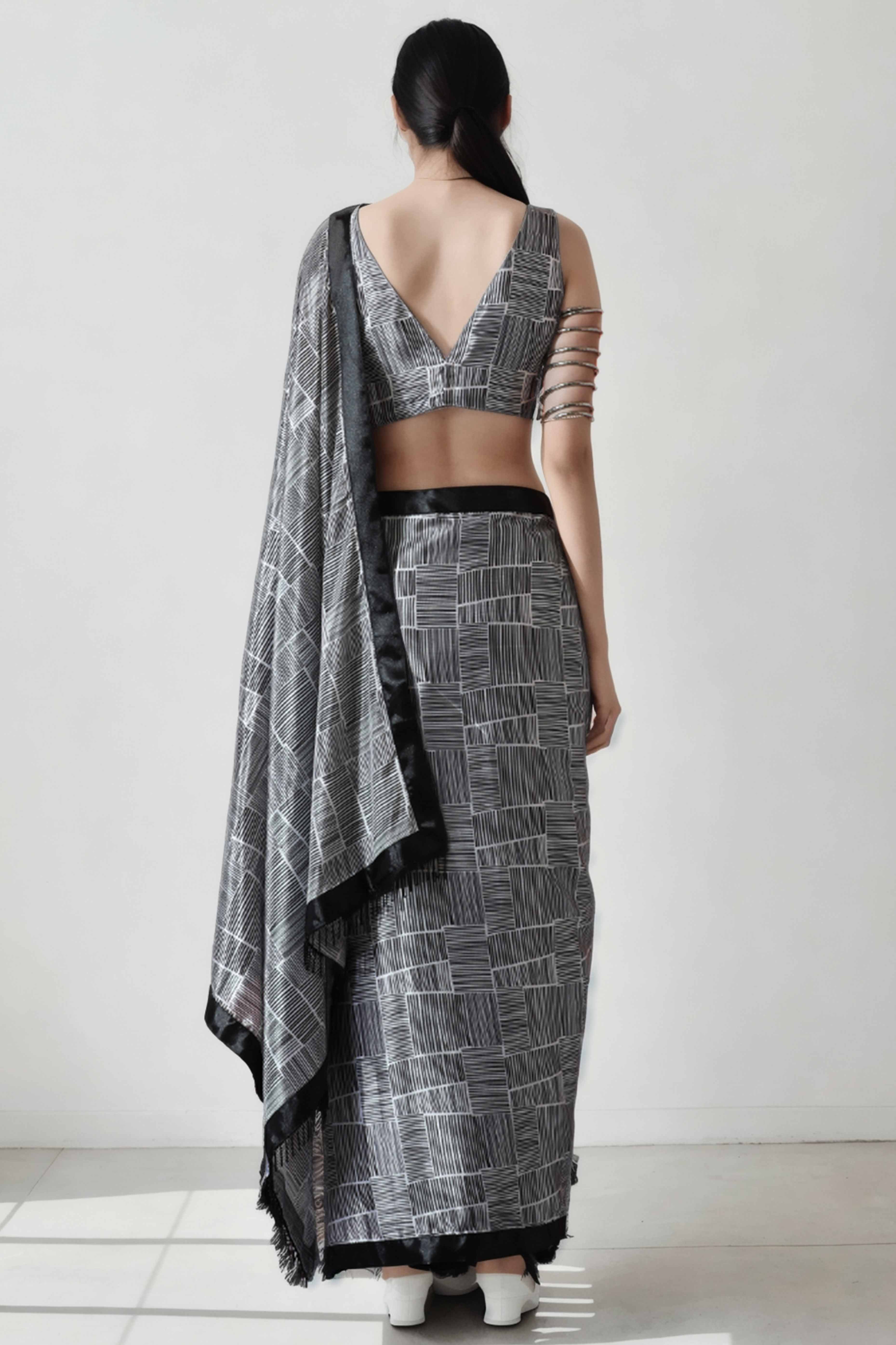 Black Digital Printed With Lace Border Pallu Chinon Ready To Wear Saree