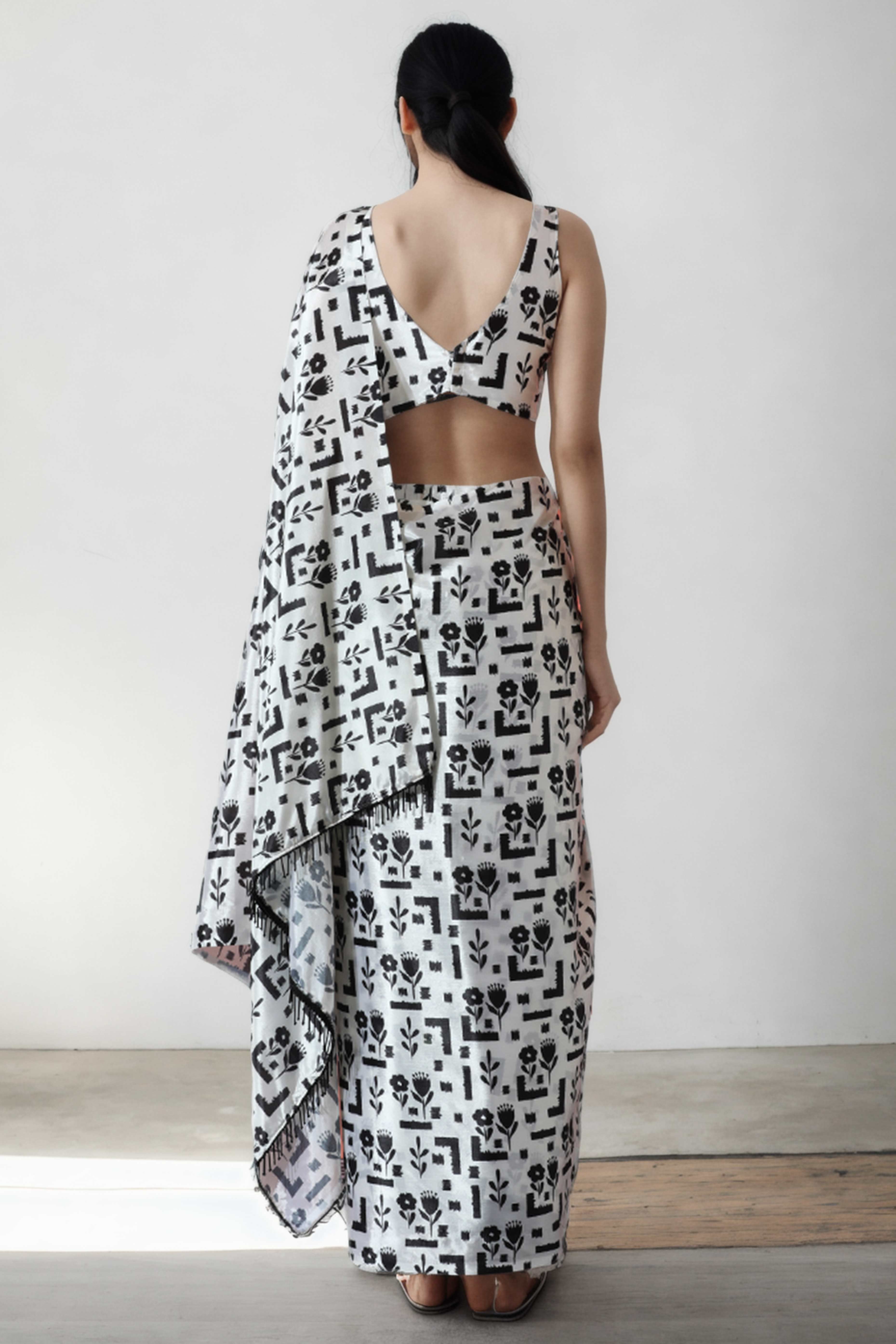 White & Black Floral Digital Printed With Intricate Lace Border Pallu Chinon Ready To Wear Saree